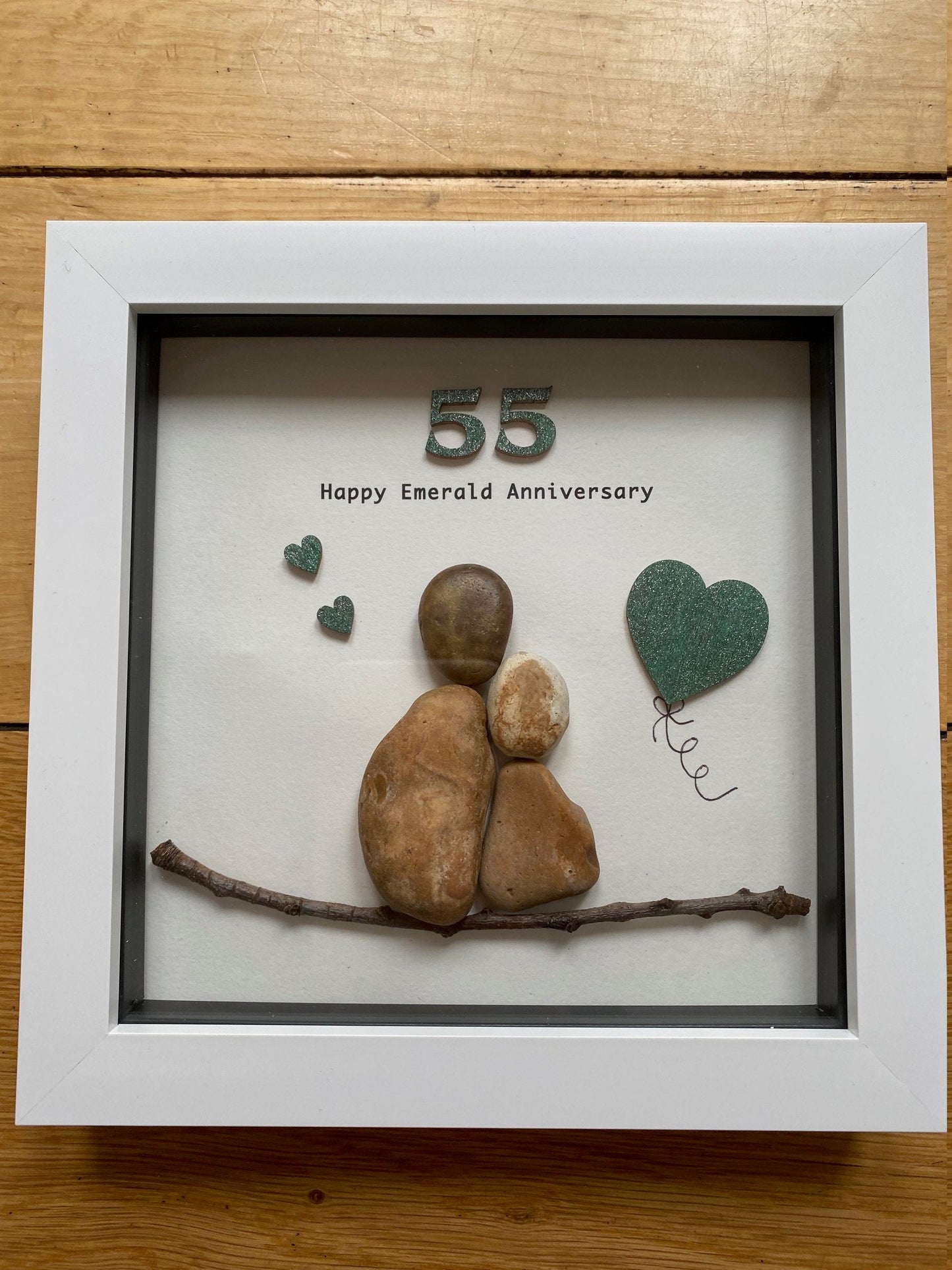 Emerald Wedding Anniversary Pebble Artwork Frame, 55th Wedding Anniversary Gift, Unique Personalised Wedding Gift