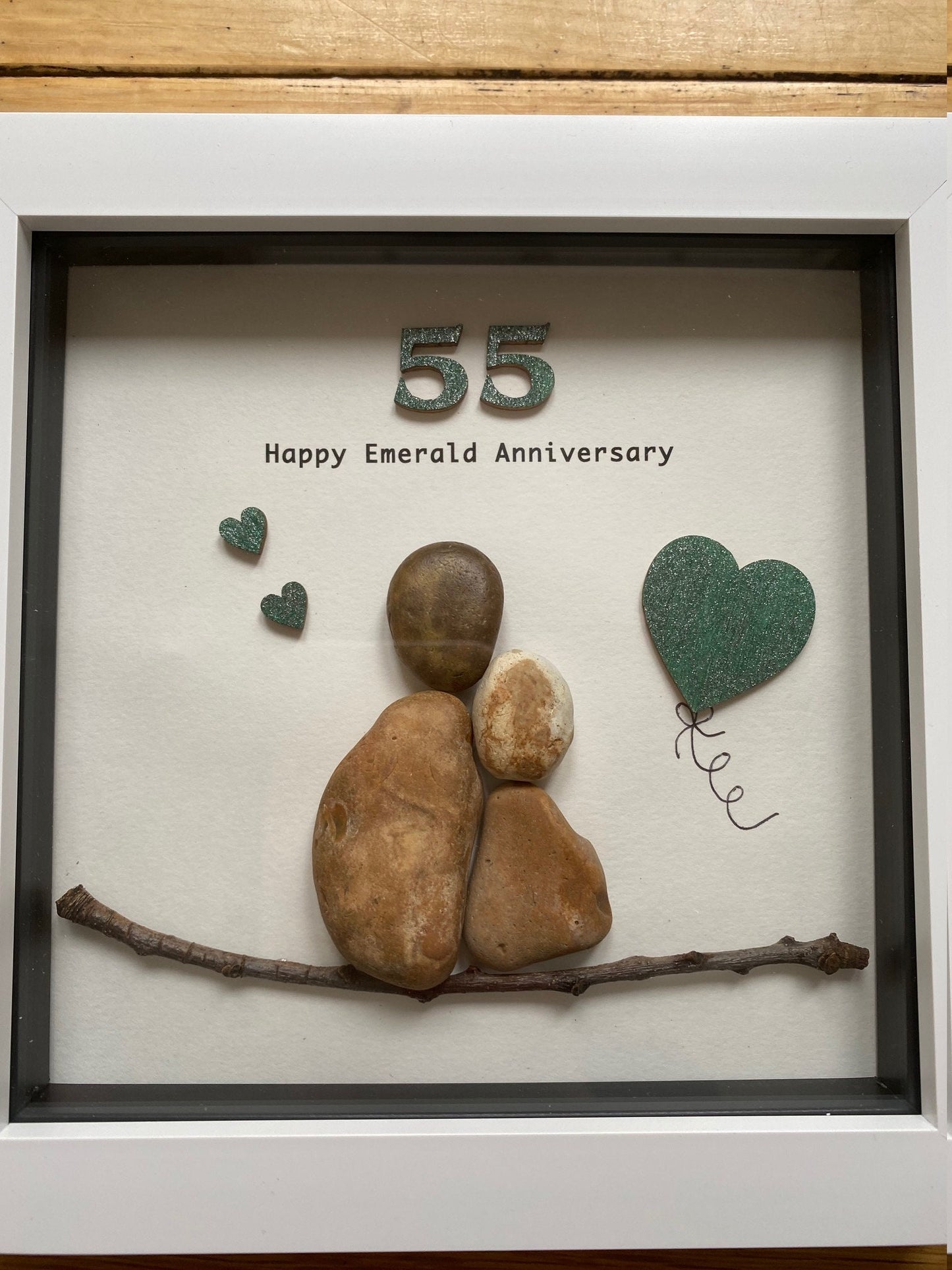 Emerald Wedding Anniversary Pebble Artwork Frame, 55th Wedding Anniversary Gift, Unique Personalised Wedding Gift