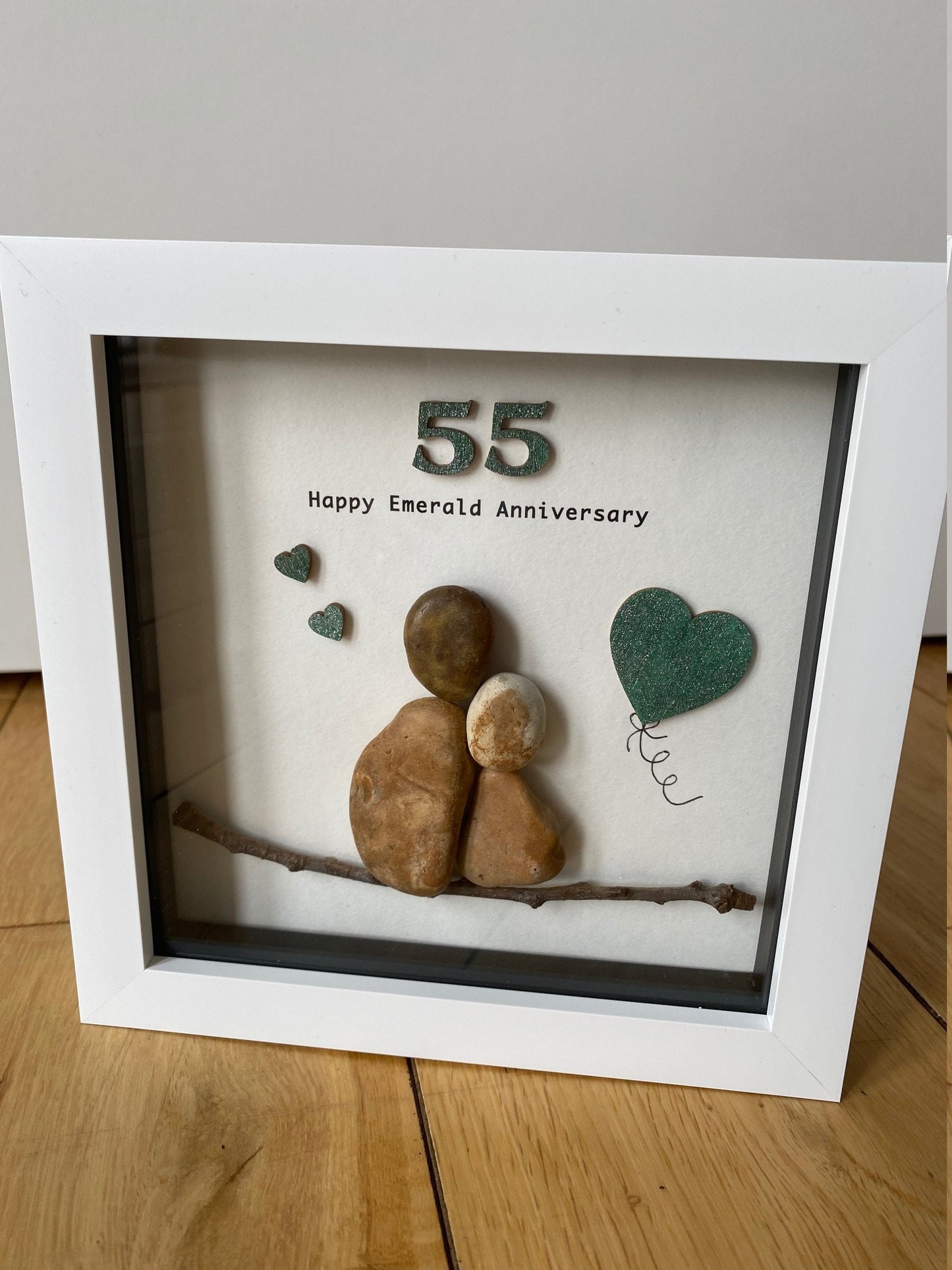 Emerald Wedding Anniversary Pebble Artwork Frame, 55th Wedding Anniversary Gift, Unique Personalised Wedding Gift