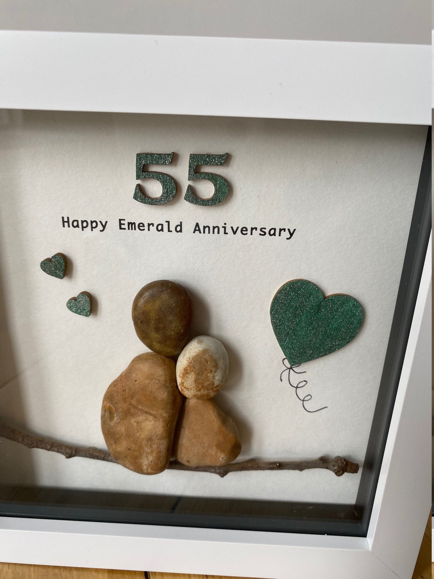 Emerald Wedding Anniversary Pebble Artwork Frame, 55th Wedding Anniversary Gift, Unique Personalised Wedding Gift
