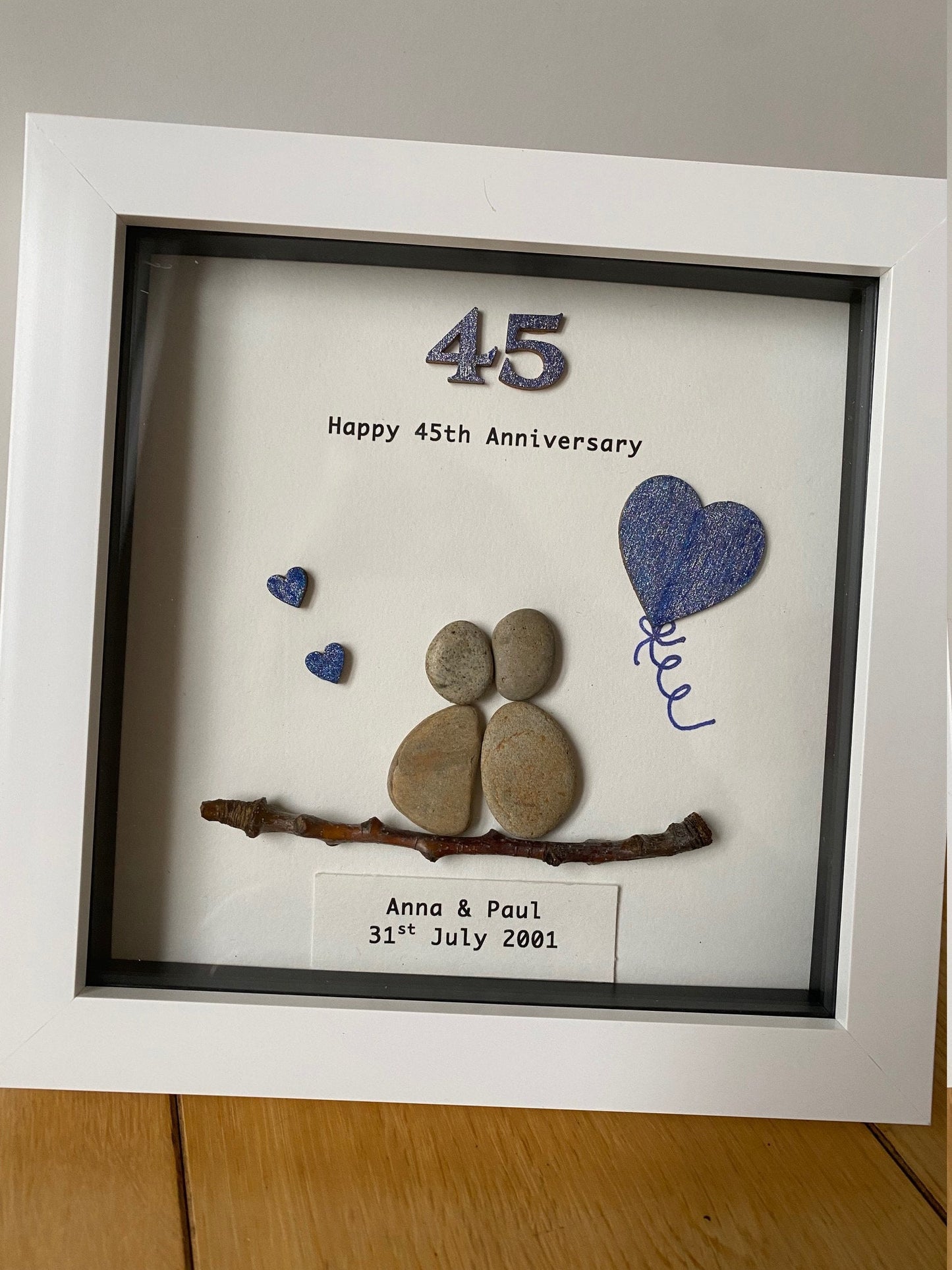 Sapphire Wedding Anniversary Pebble Artwork Frame, 45th Wedding Anniversary Gift, Sapphire Anniversary Presents,
