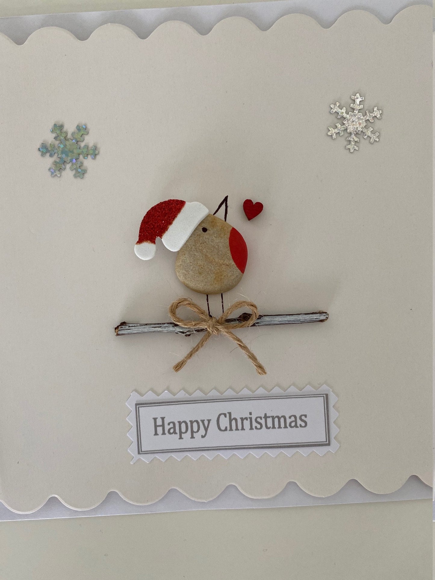 Christmas Pebble Card, Handmade Xmas Card, Christmas card with Robin, Handmade Xmas Robin Card