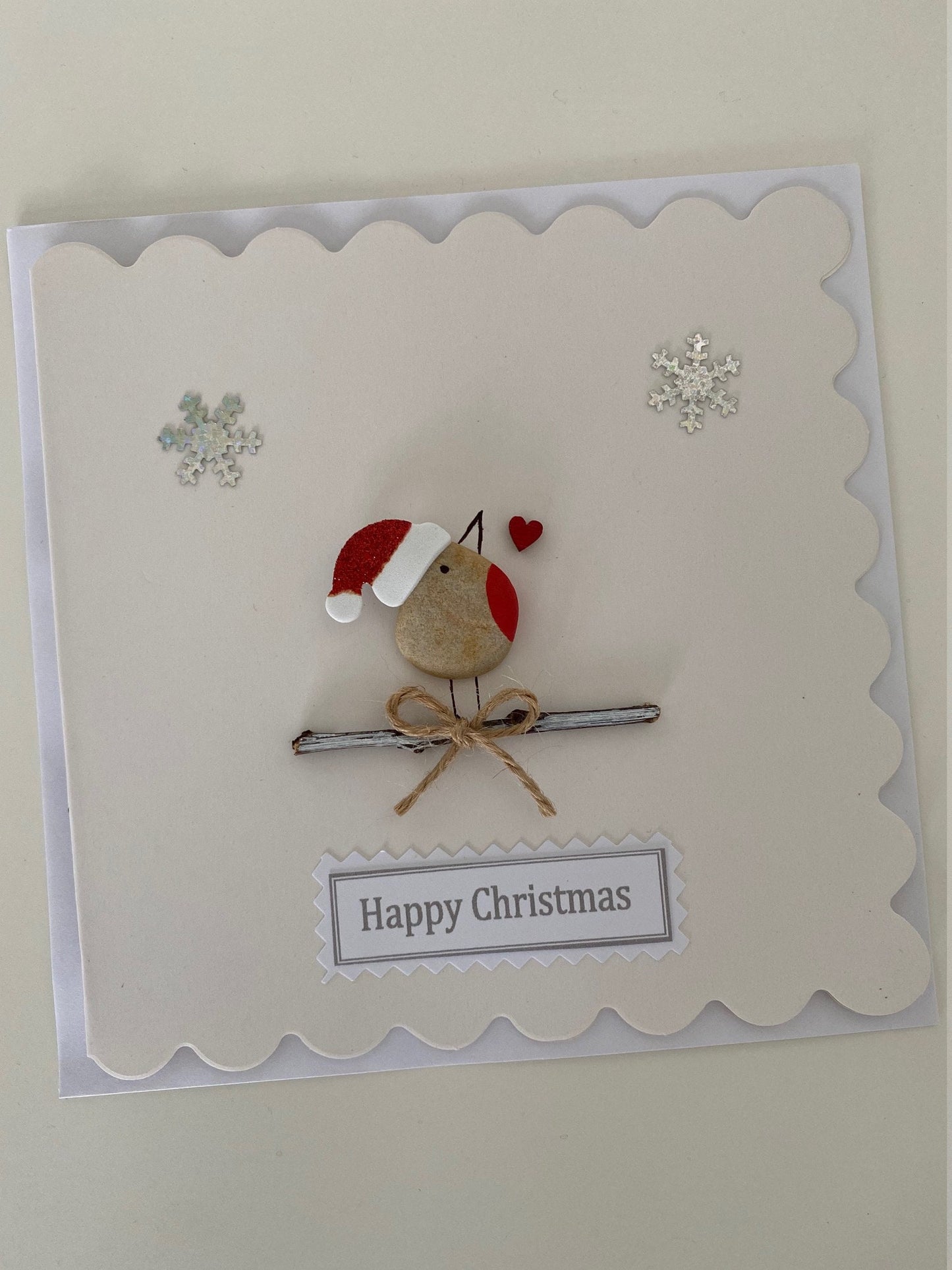 Christmas Pebble Card, Handmade Xmas Card, Christmas card with Robin, Handmade Xmas Robin Card