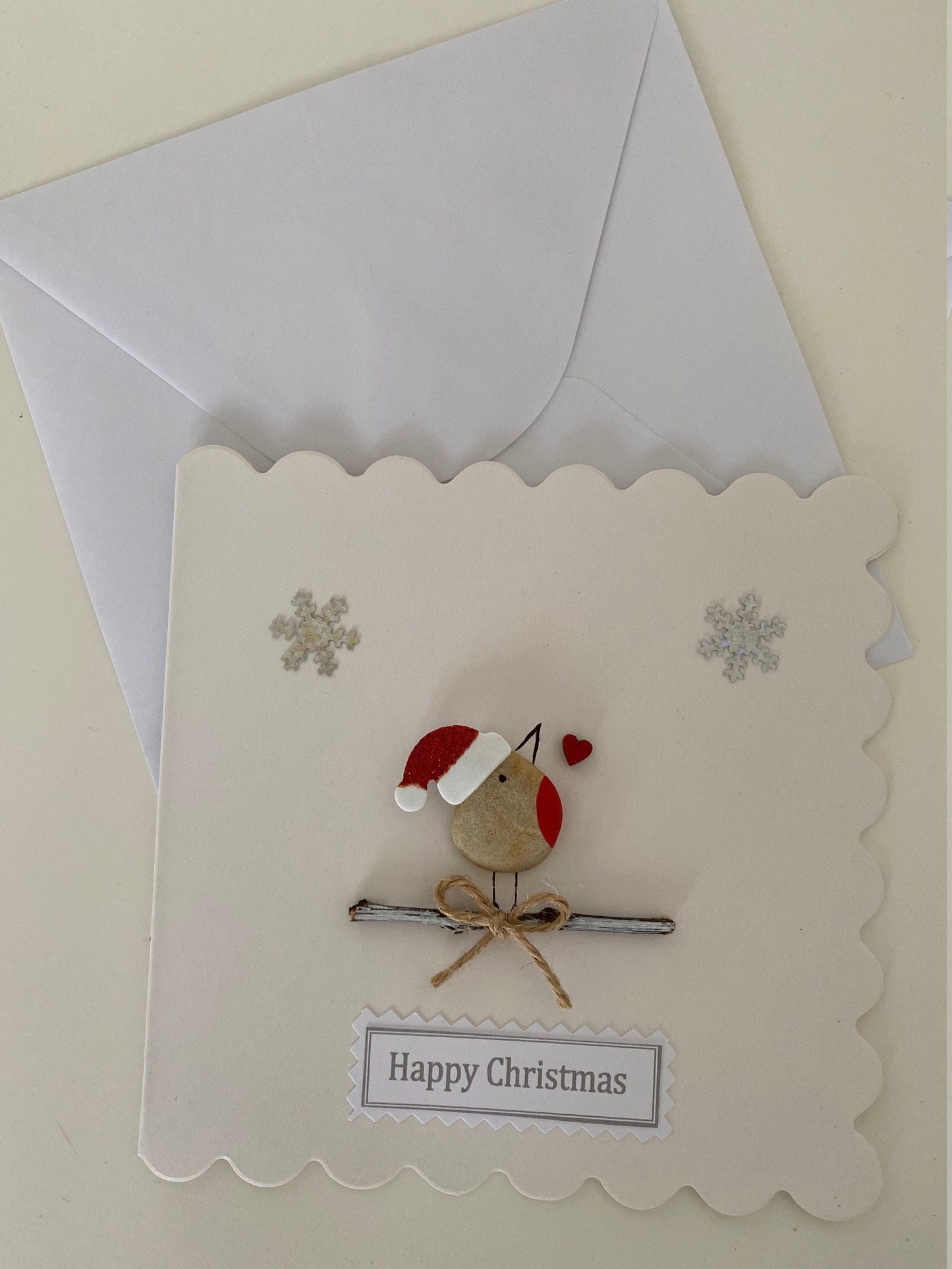 Christmas Pebble Card, Handmade Xmas Card, Christmas card with Robin, Handmade Xmas Robin Card