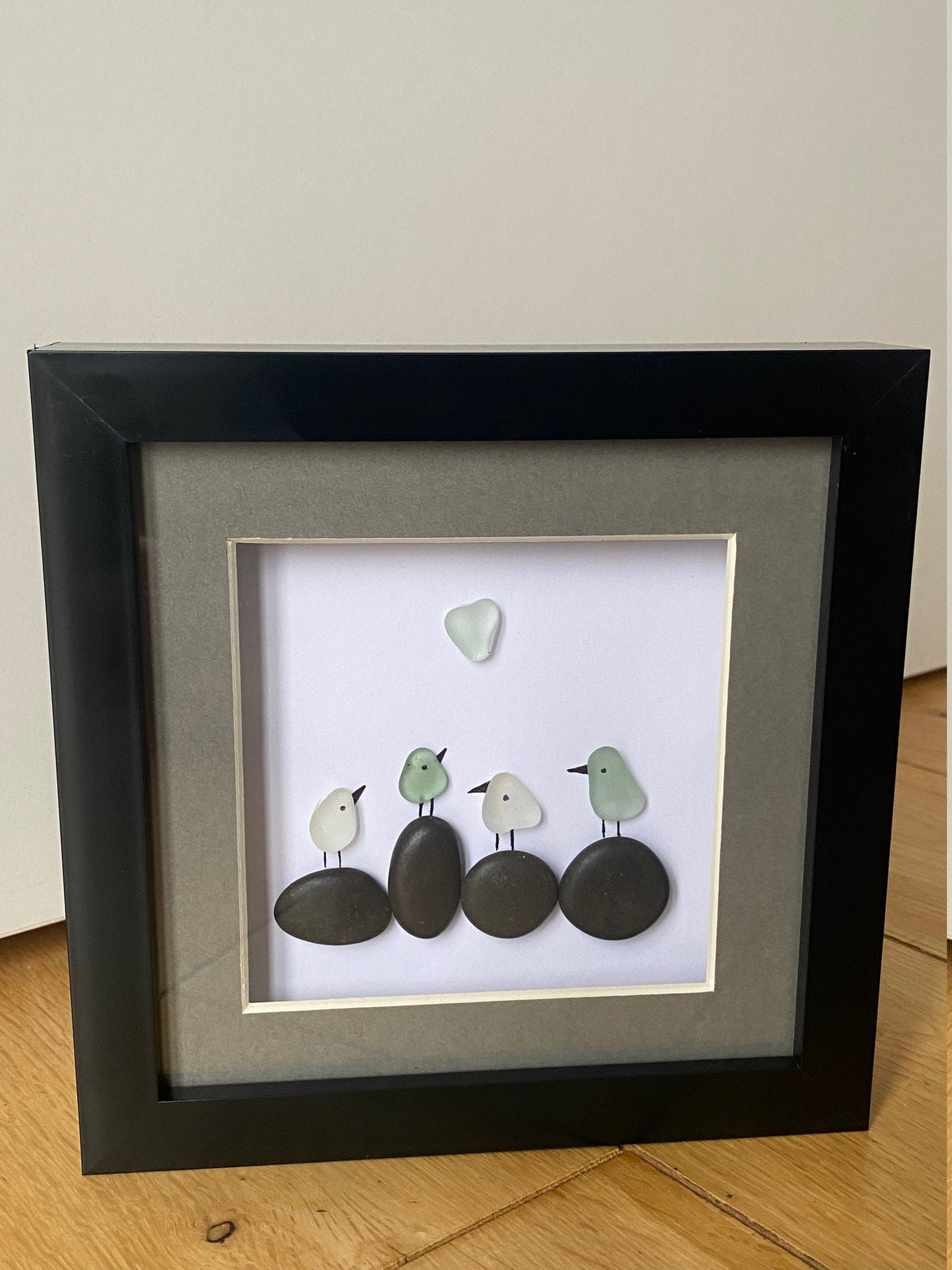Sea Glass Birds Pebble Frame, Framed Sea Glass Picture, Unique Sea Glass Gift, Pebble Art & Sea Glass Picture
