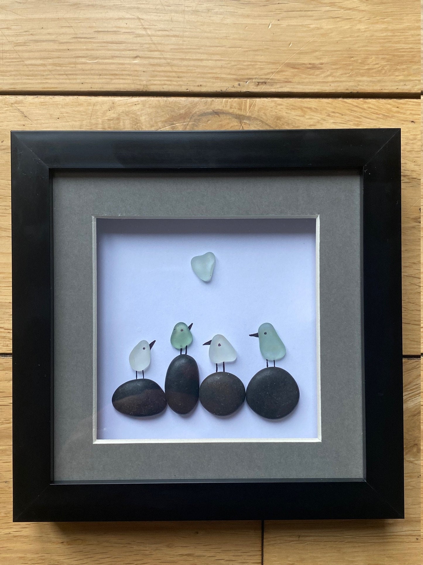 Sea Glass Birds Pebble Frame, Framed Sea Glass Picture, Unique Sea Glass Gift, Pebble Art & Sea Glass Picture