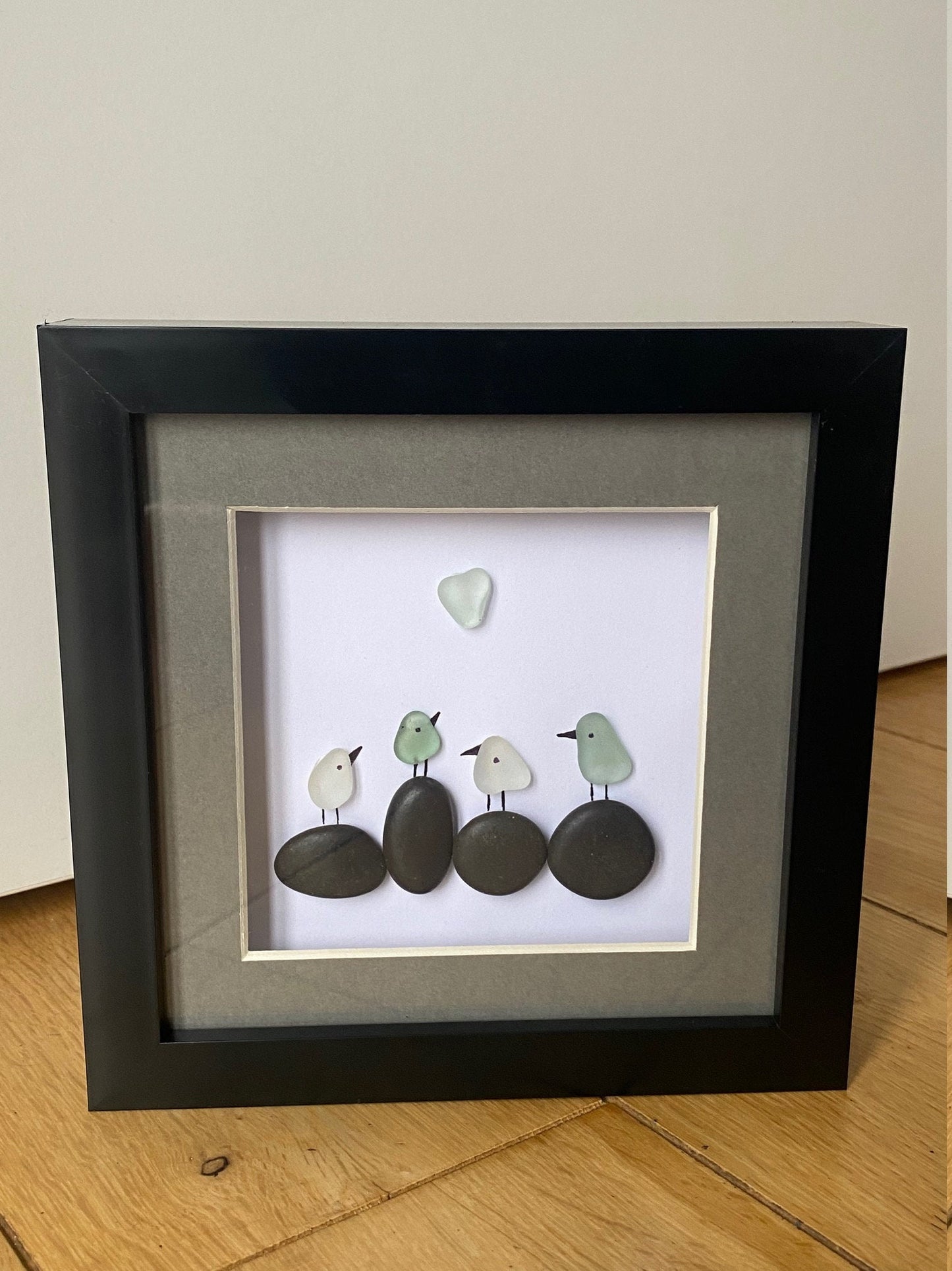 Sea Glass Birds Pebble Frame, Framed Sea Glass Picture, Unique Sea Glass Gift, Pebble Art & Sea Glass Picture