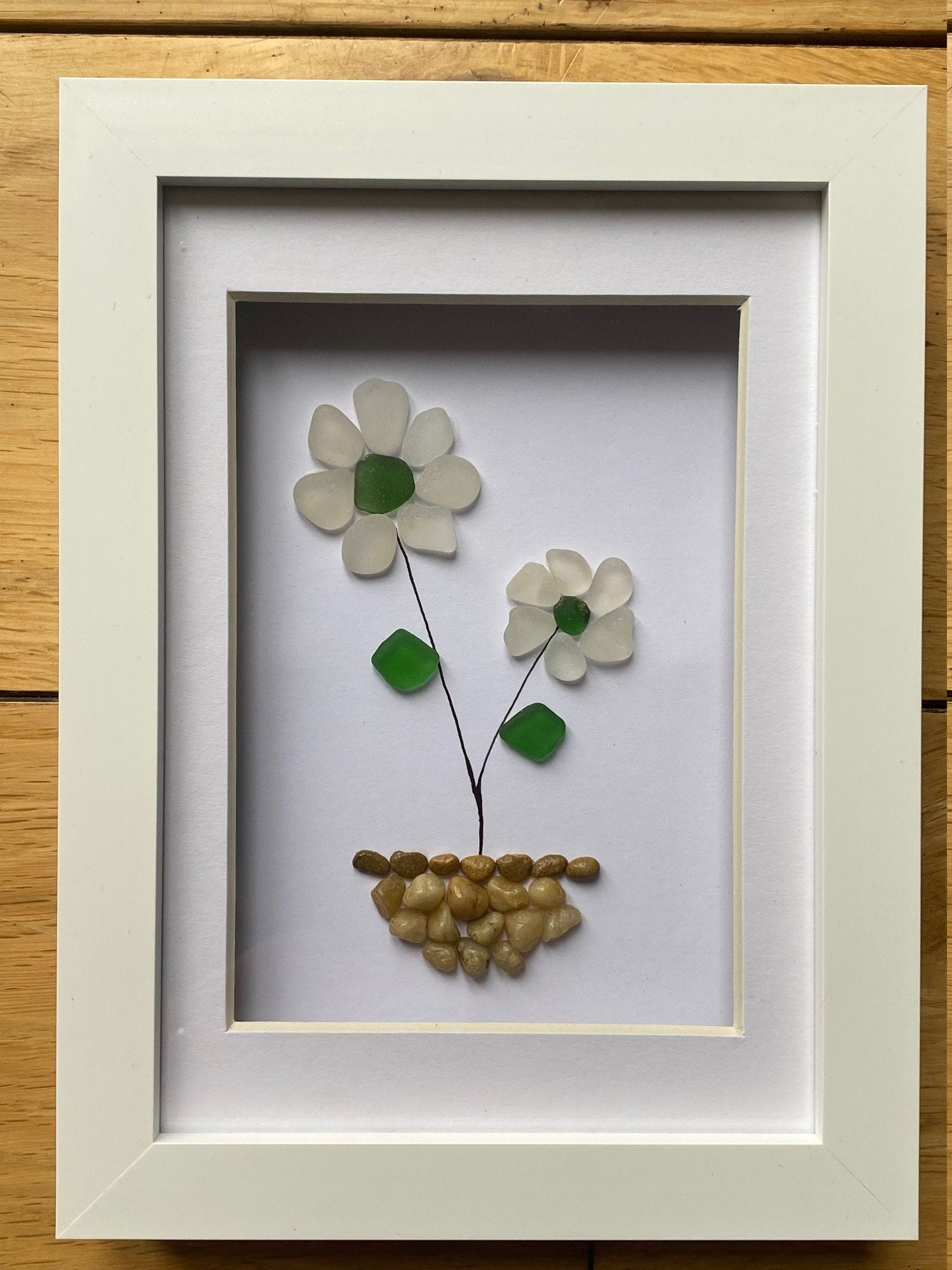 Sea Glass & Pebble Artwork, Sea Glass Flower Frame, Unique Sea Glass Frame, Sea Glass Flower Gift