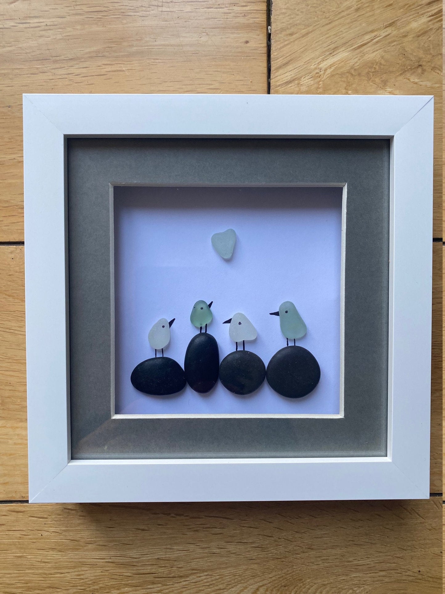 Sea Glass Birds Pebble Frame, Framed Sea Glass Picture, Unique Sea Glass Gift, Pebble Art & Sea Glass Picture