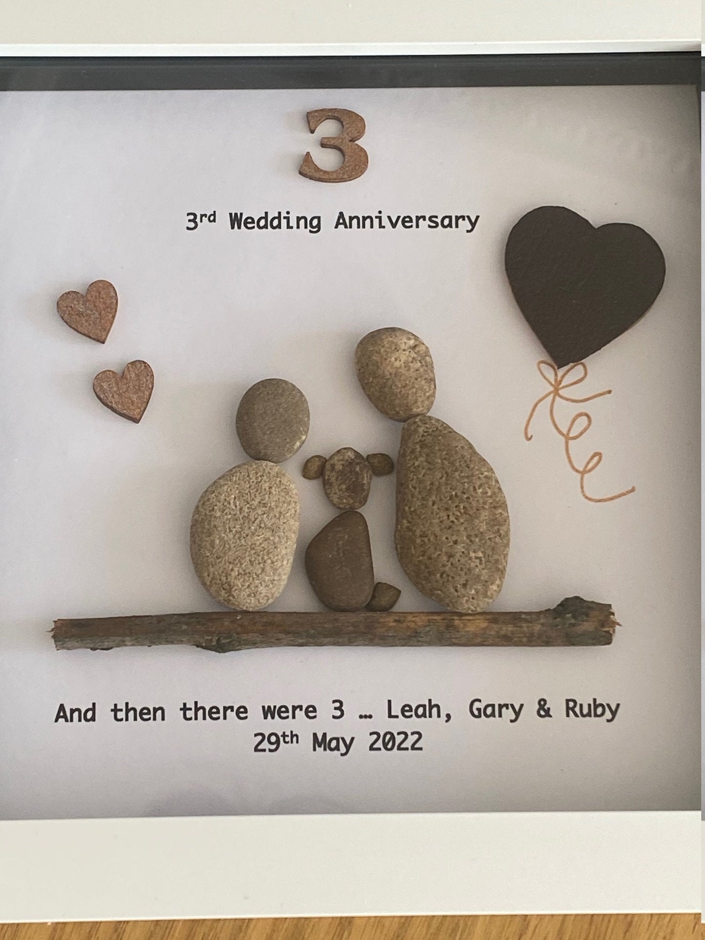 Couple with Dog Anniversary Gift, Pebble Artwork Frame, Wedding Anniversary Gift, Family Anniversary Frame