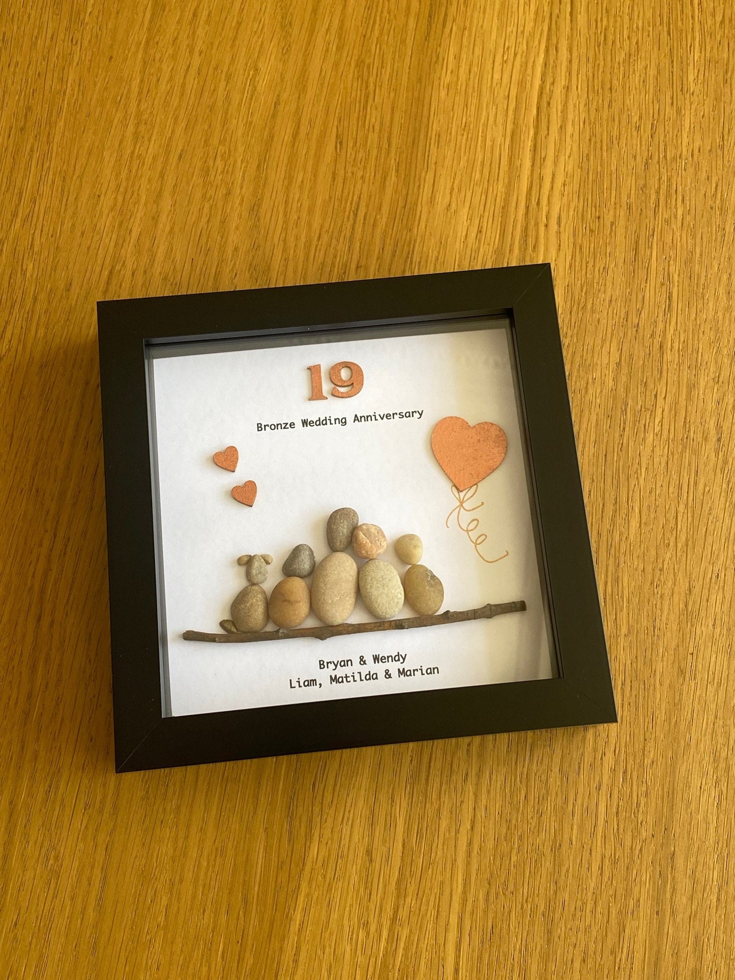 19th Wedding Anniversary Gift, Personalised Bronze Wedding Anniversary, Family Bronze Anniversary Frame, Pebble Artwork Frame,