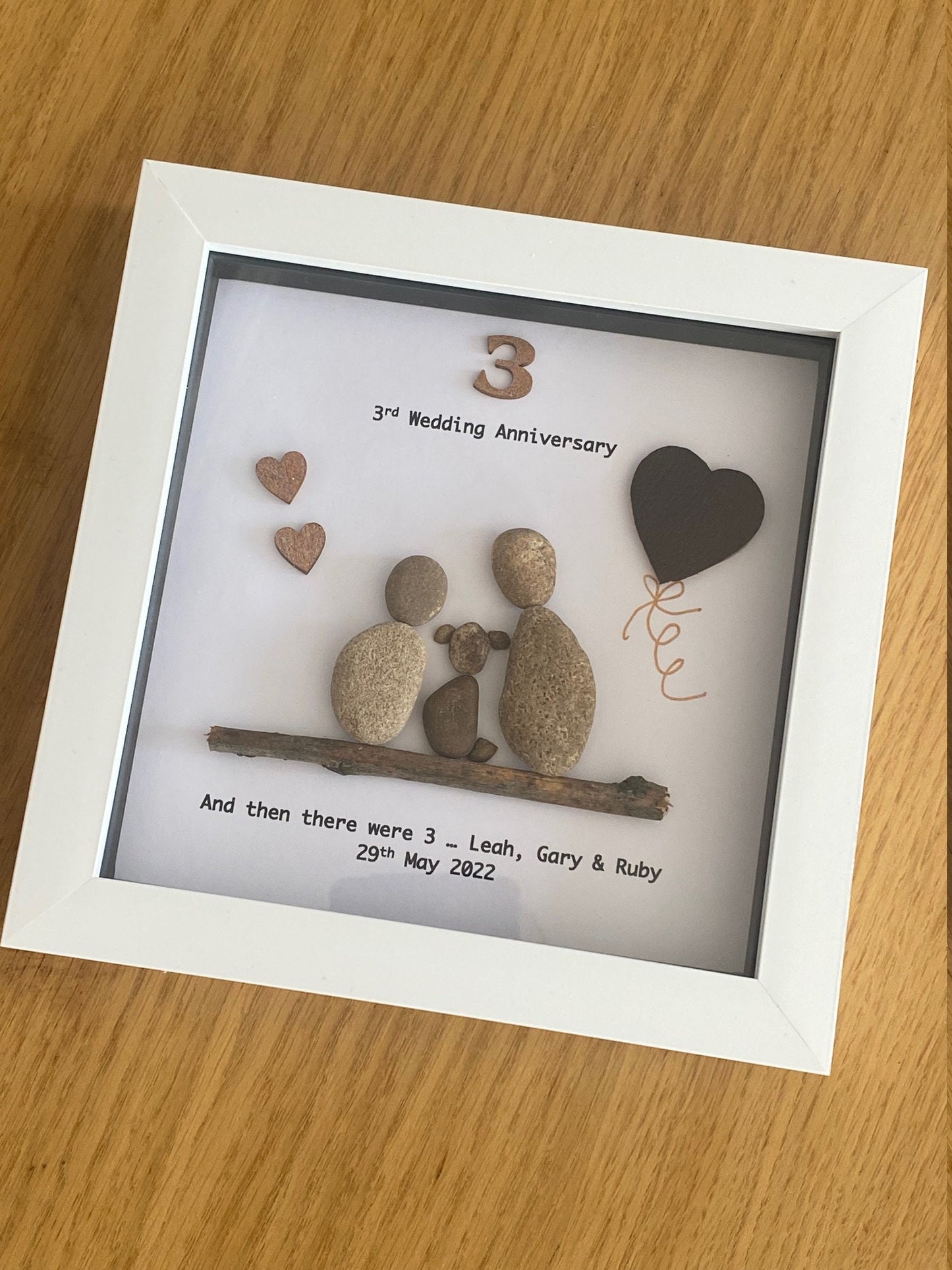 Couple with Dog Anniversary Gift, Pebble Artwork Frame, Wedding Anniversary Gift, Family Anniversary Frame