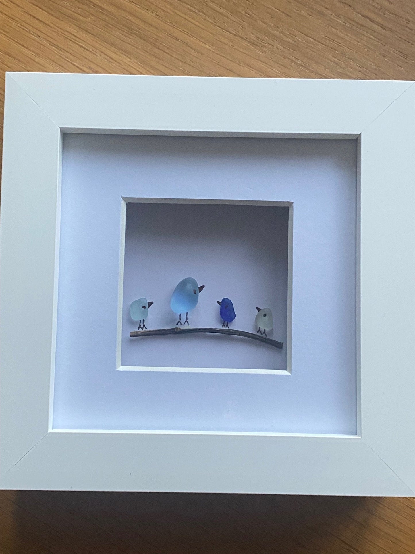 Sea Glass Birds on a Branch, Sea Glass Handmade Frame, Unique Birthday Gift, Family Birds Frame