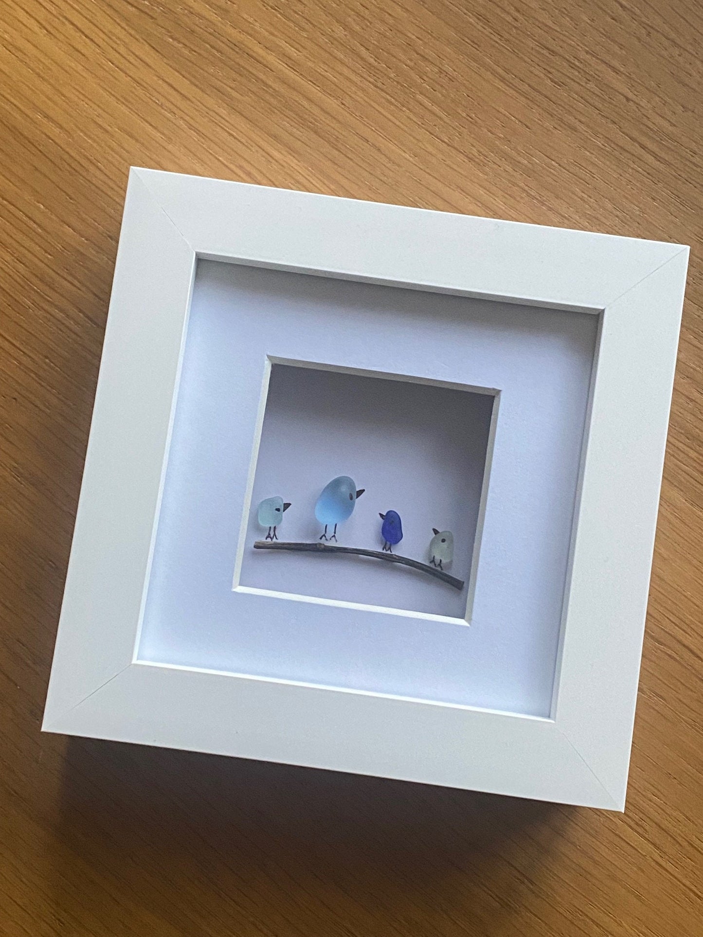 Sea Glass Birds on a Branch, Sea Glass Handmade Frame, Unique Birthday Gift, Family Birds Frame