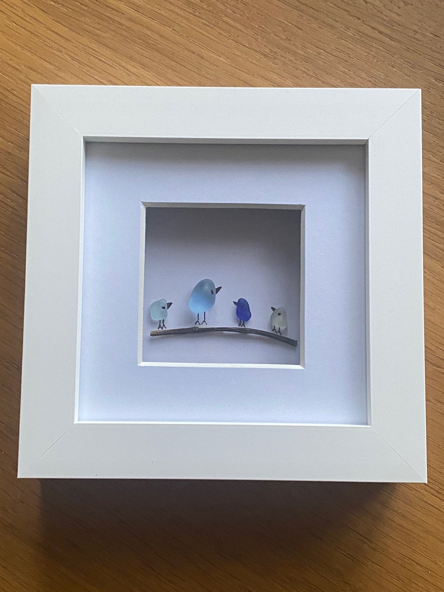 Sea Glass Birds on a Branch, Sea Glass Handmade Frame, Unique Birthday Gift, Family Birds Frame