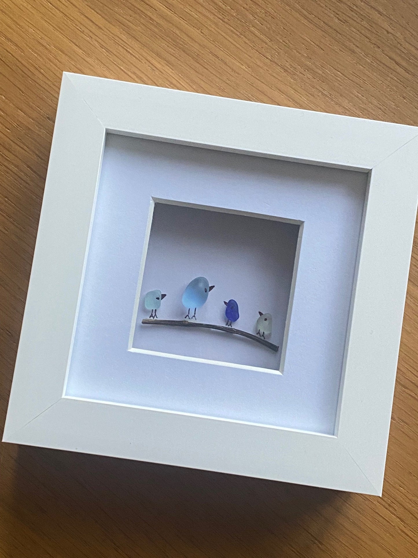 Sea Glass Birds on a Branch, Sea Glass Handmade Frame, Unique Birthday Gift, Family Birds Frame