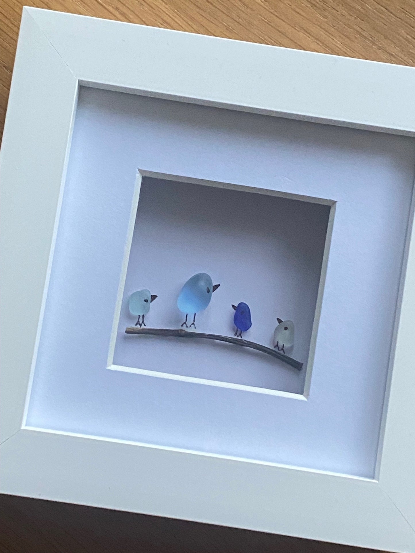 Sea Glass Birds on a Branch, Sea Glass Handmade Frame, Unique Birthday Gift, Family Birds Frame