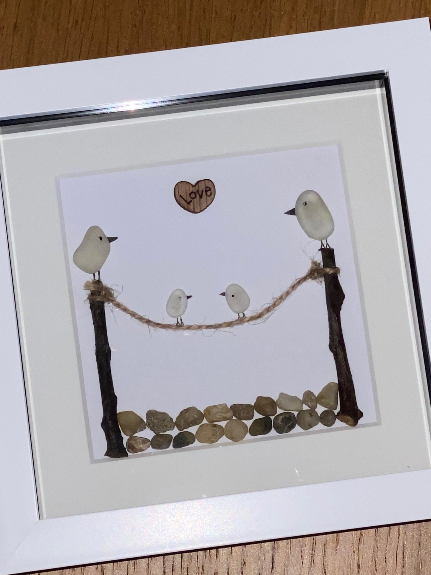 Sea Glass Bird Family, Family of Four Sea Glass Art, Gift for Grandparents, Sea Glass Birds, Personalised Sea Glass Frame for Mom