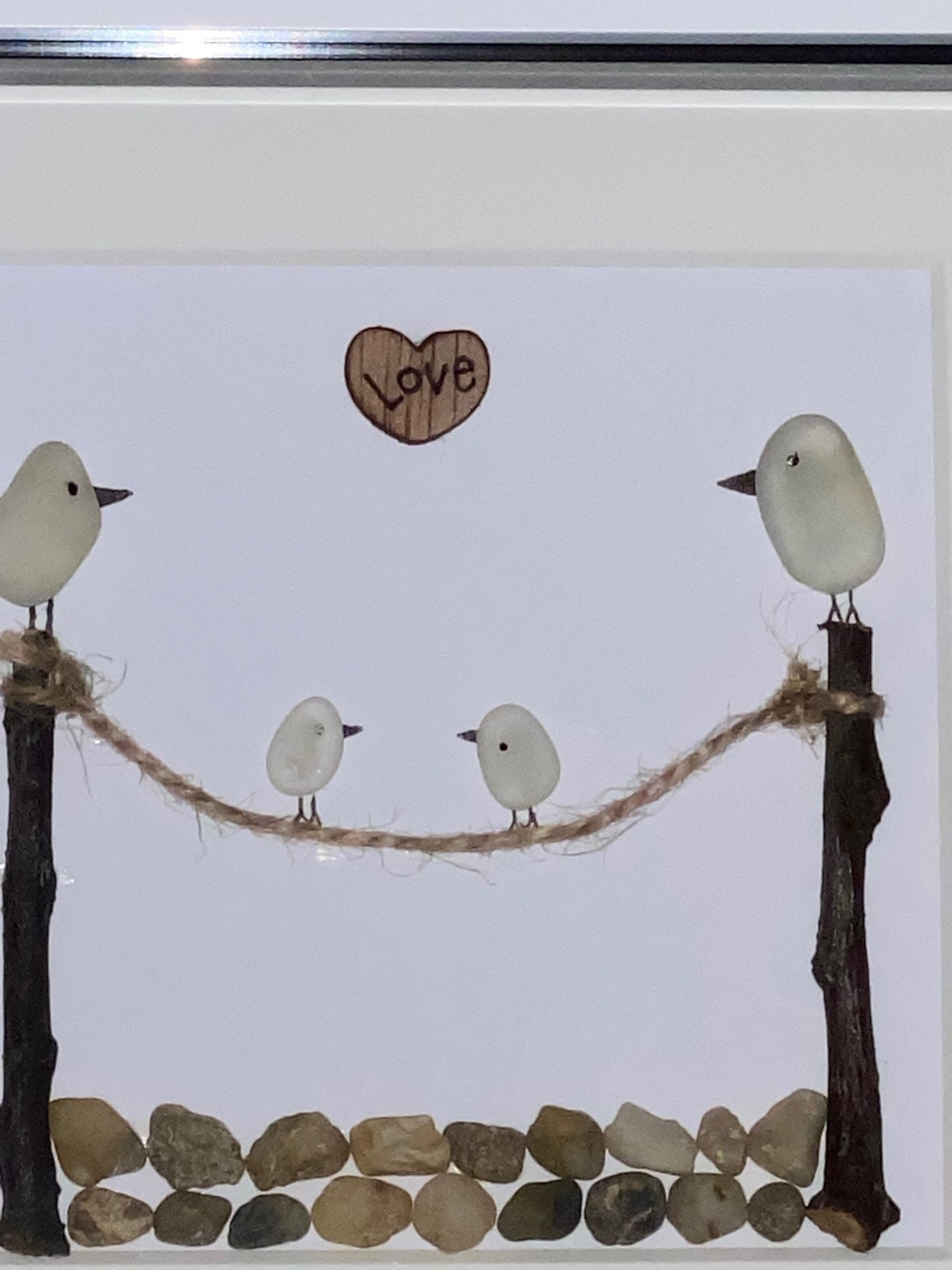 Sea Glass Bird Family, Family of Four Sea Glass Art, Gift for Grandparents, Sea Glass Birds, Personalised Sea Glass Frame for Mom
