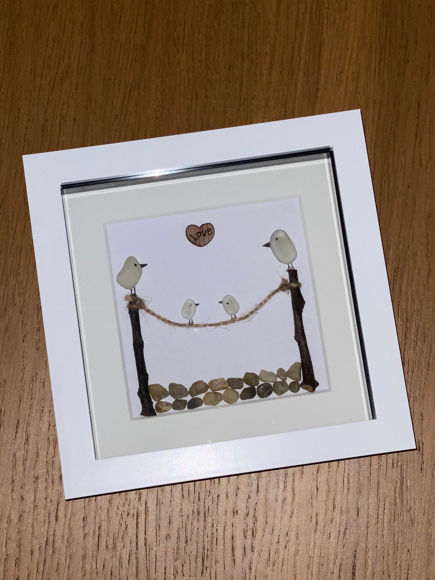 Sea Glass Bird Family, Family of Four Sea Glass Art, Gift for Grandparents, Sea Glass Birds, Personalised Sea Glass Frame for Mom
