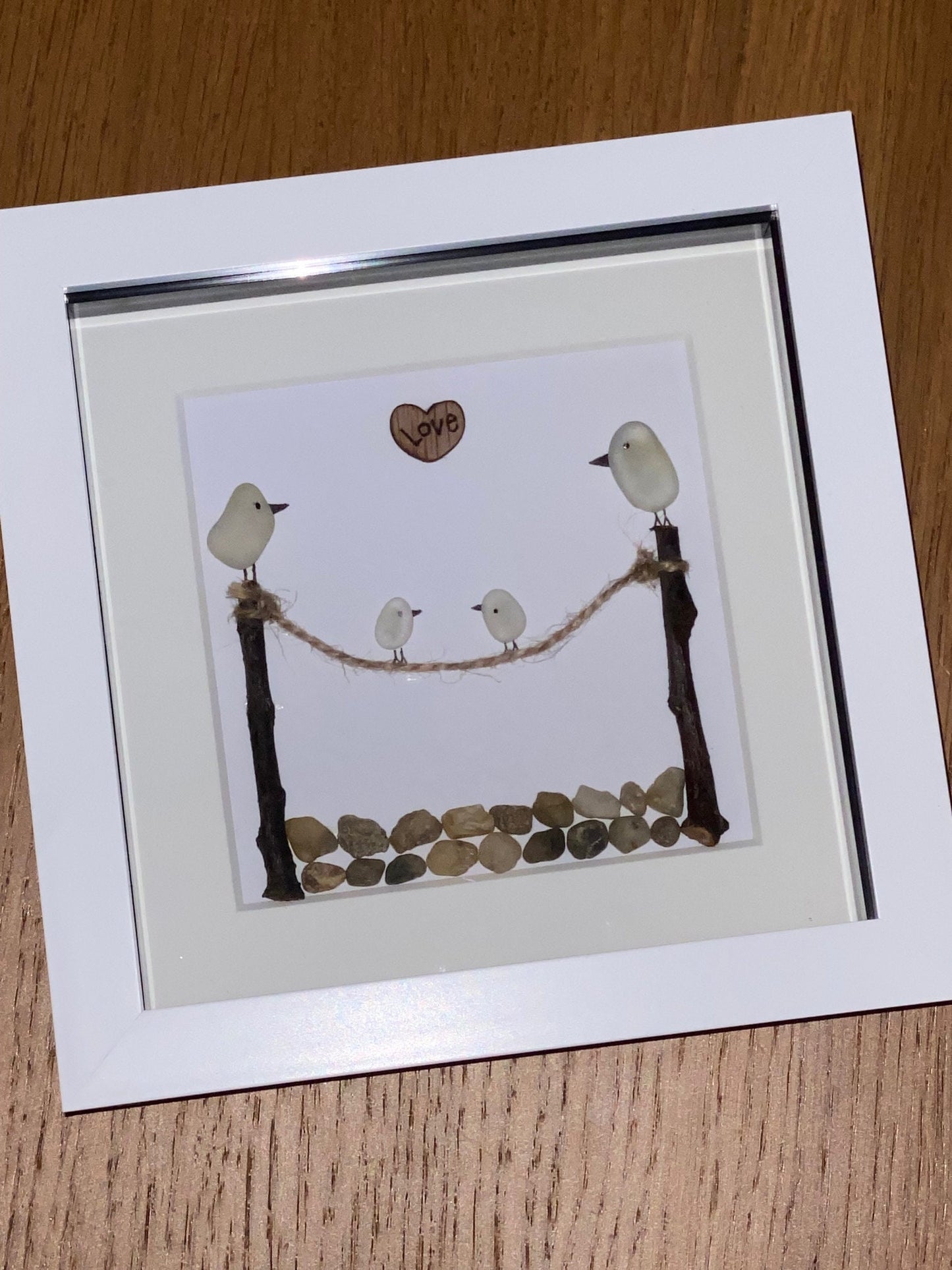 Sea Glass Bird Family, Family of Four Sea Glass Art, Gift for Grandparents, Sea Glass Birds, Personalised Sea Glass Frame for Mom