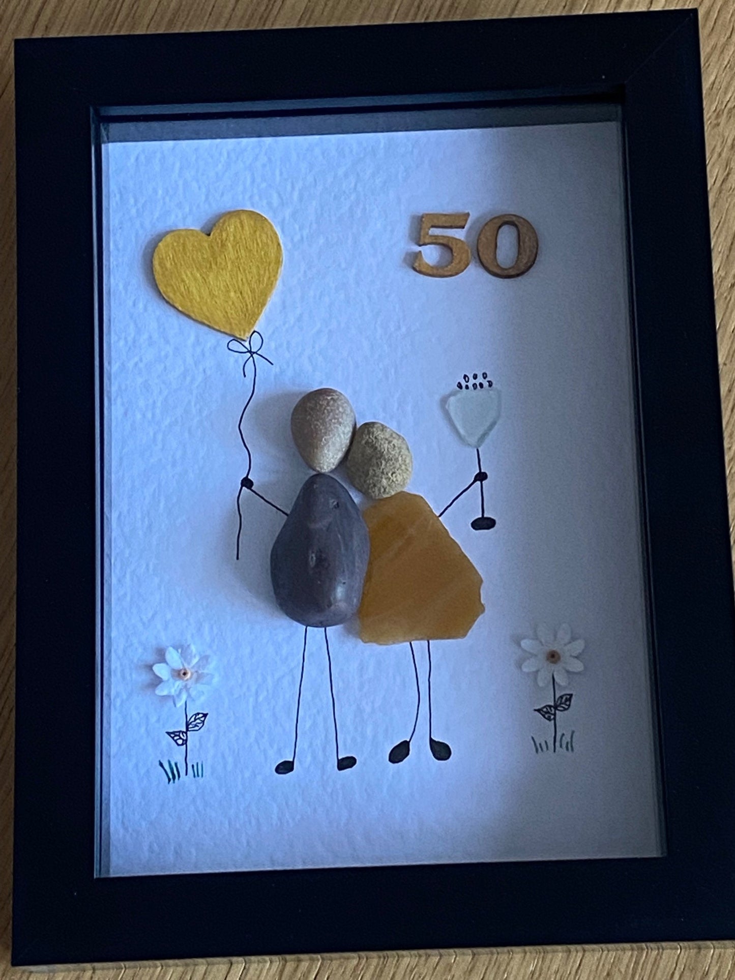 Gold Anniversary Picture, 50th Wedding Anniversary Gift, Unique Pebble & Glass Picture, Gold Anniversary Couple, Handmade Wedding Gift