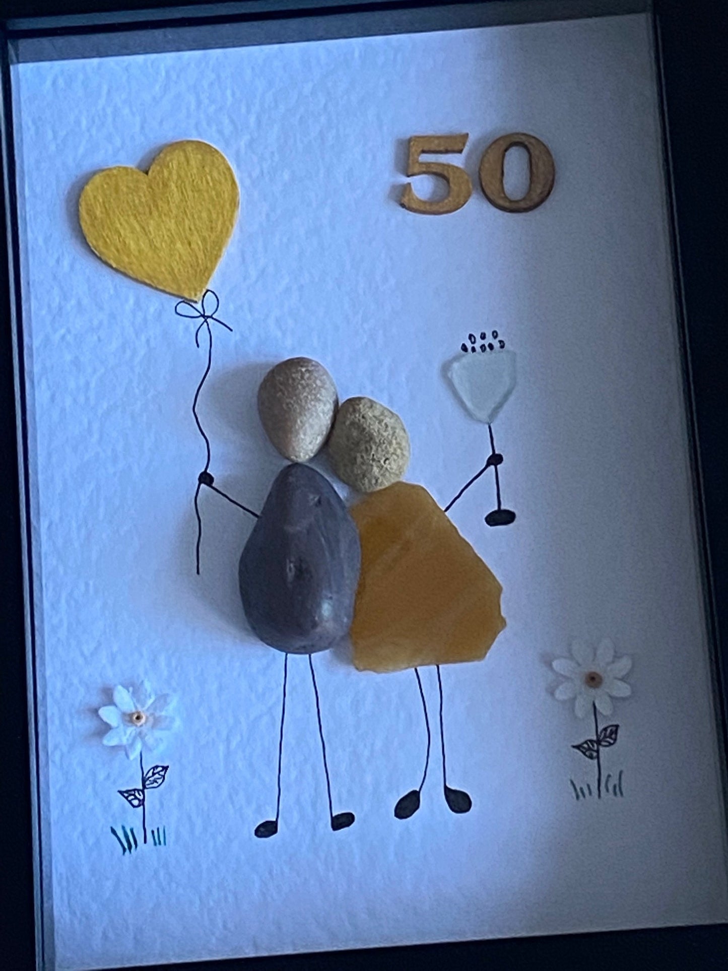 Gold Anniversary Picture, 50th Wedding Anniversary Gift, Unique Pebble & Glass Picture, Gold Anniversary Couple, Handmade Wedding Gift