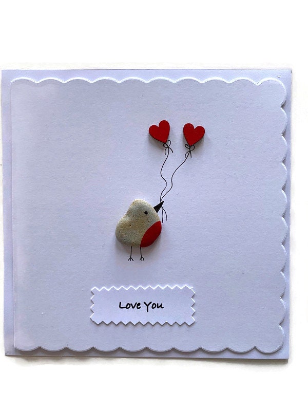 Valentine's Day Handmade Card, Pebble Artwork Love Card, Love Birds Handmade Card, Personalised Valentine's Day Card
