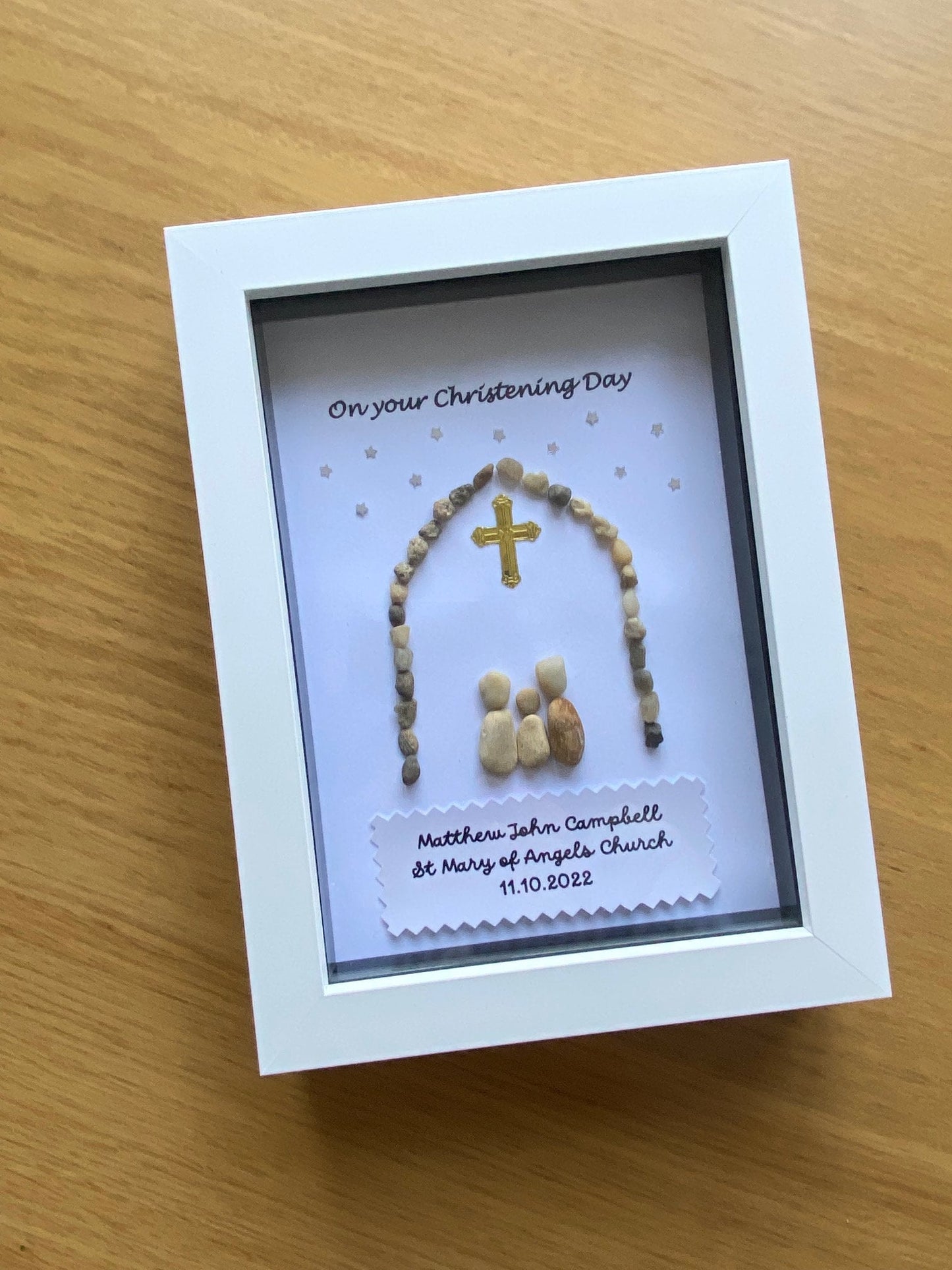 Personalised Christening Pebble Picture, Unique Christening Pebble Art Gift,Handmade Baptism Gift, Baptism Confirmation Gift for Godson