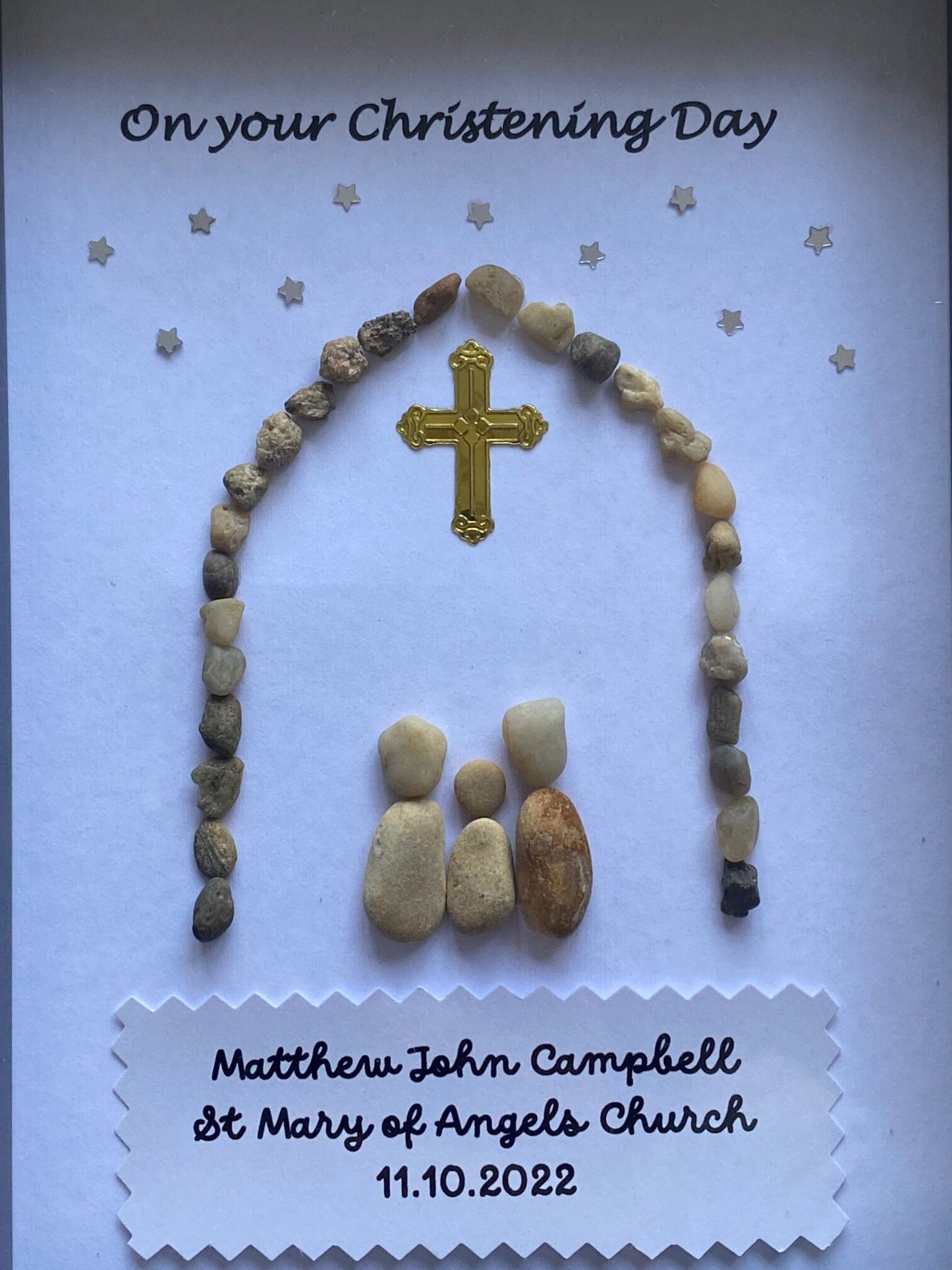 Personalised Christening Pebble Picture, Unique Christening Pebble Art Gift,Handmade Baptism Gift, Baptism Confirmation Gift for Godson