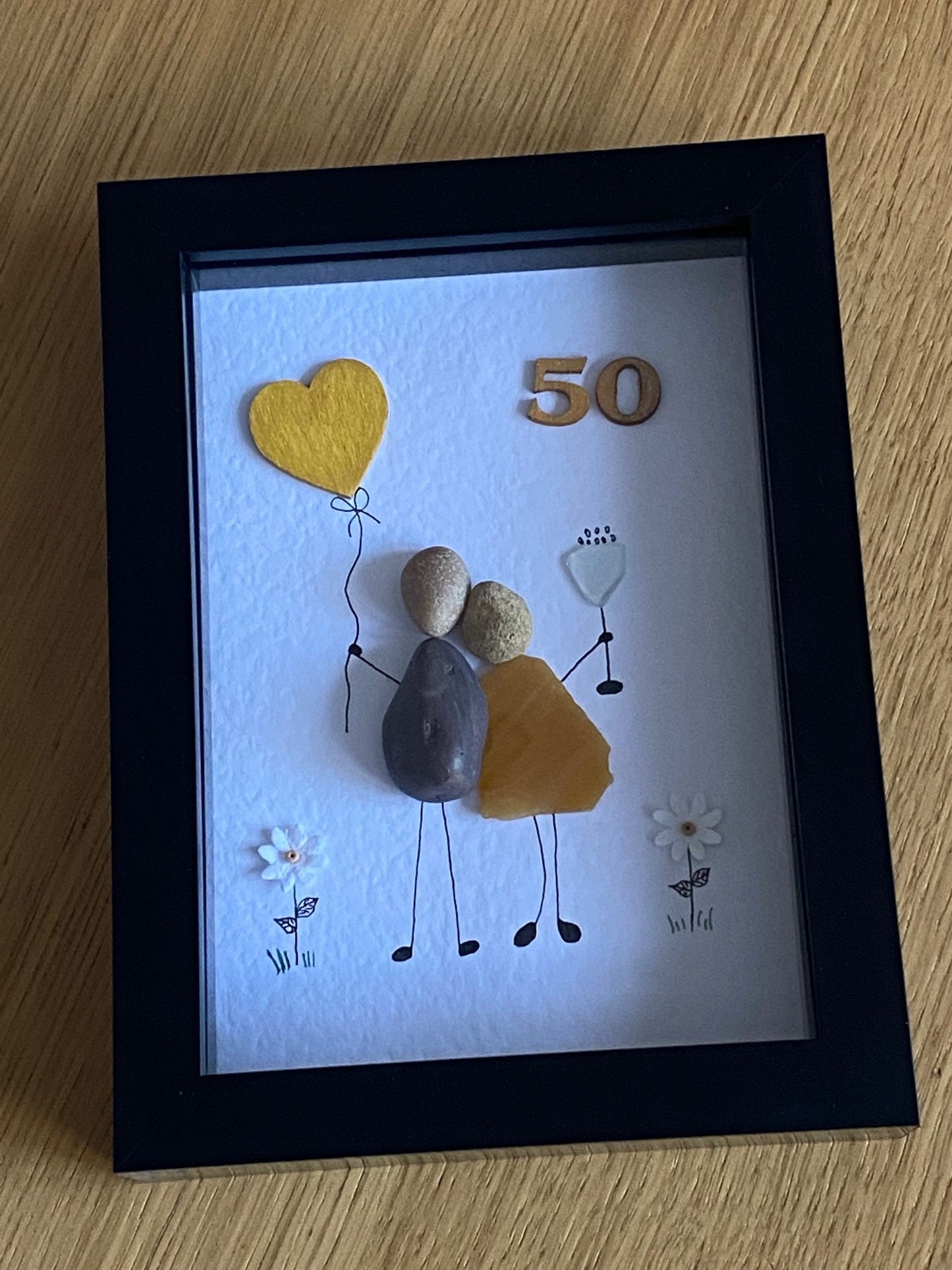 Gold Anniversary Picture, 50th Wedding Anniversary Gift, Unique Pebble & Glass Picture, Gold Anniversary Couple, Handmade Wedding Gift