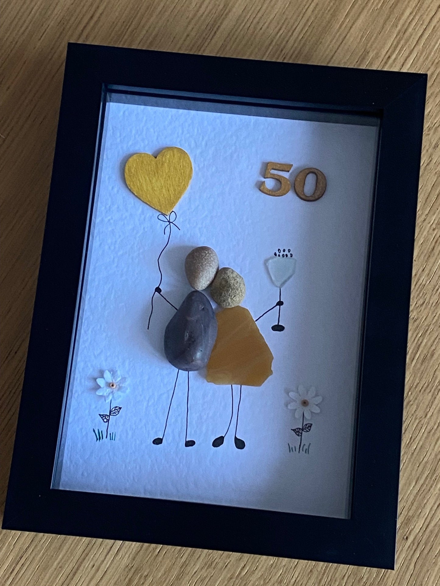 Gold Anniversary Picture, 50th Wedding Anniversary Gift, Unique Pebble & Glass Picture, Gold Anniversary Couple, Handmade Wedding Gift