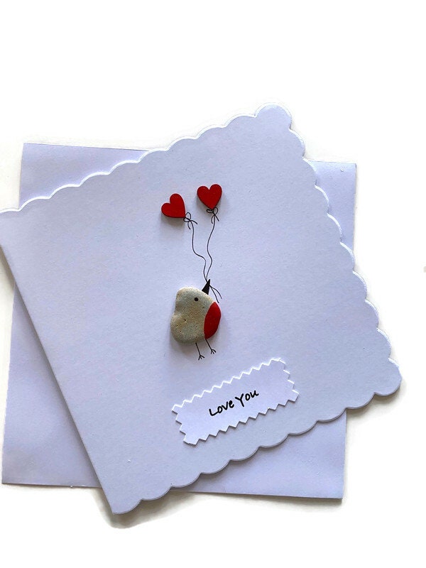 Valentine's Day Handmade Card, Pebble Artwork Love Card, Love Birds Handmade Card, Personalised Valentine's Day Card