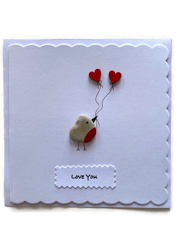 Valentine's Day Handmade Card, Pebble Artwork Love Card, Love Birds Handmade Card, Personalised Valentine's Day Card