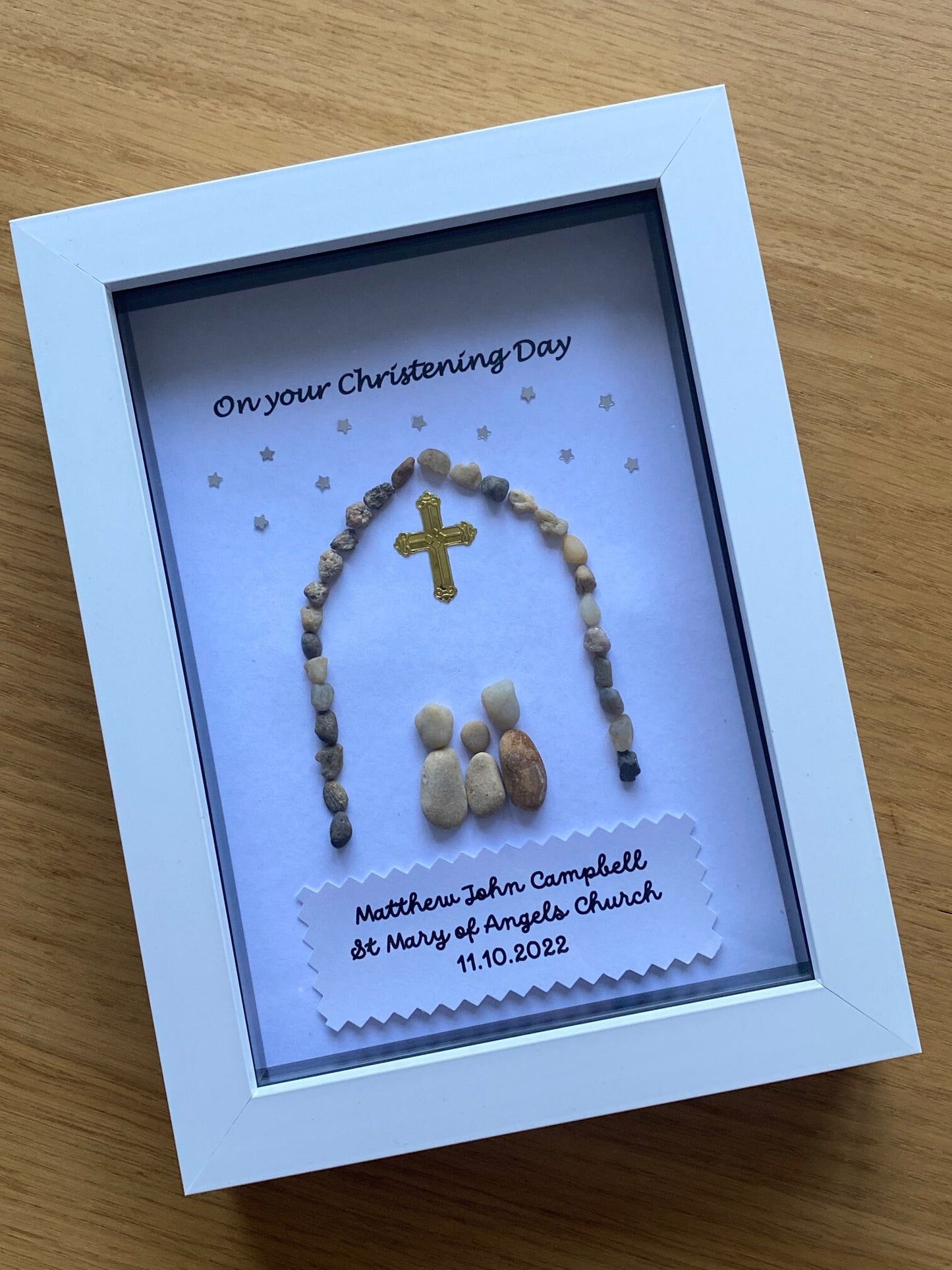 Personalised Christening Pebble Picture, Unique Christening Pebble Art Gift,Handmade Baptism Gift, Baptism Confirmation Gift for Godson