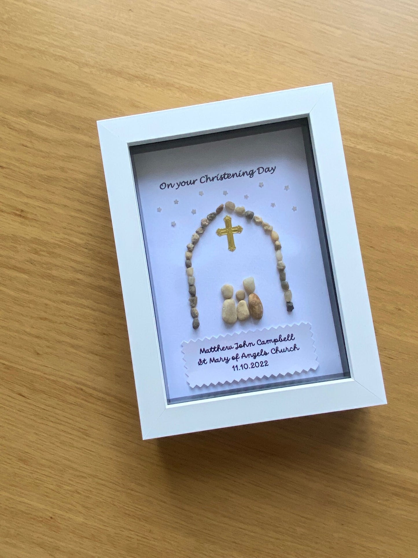 Personalised Christening Pebble Picture, Unique Christening Pebble Art Gift,Handmade Baptism Gift, Baptism Confirmation Gift for Godson
