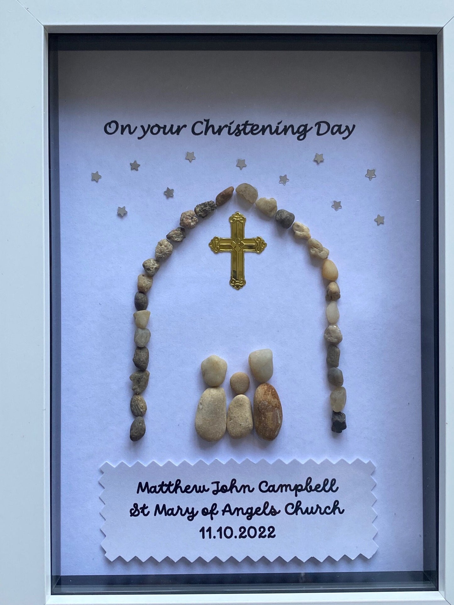Personalised Christening Pebble Picture, Unique Christening Pebble Art Gift,Handmade Baptism Gift, Baptism Confirmation Gift for Godson