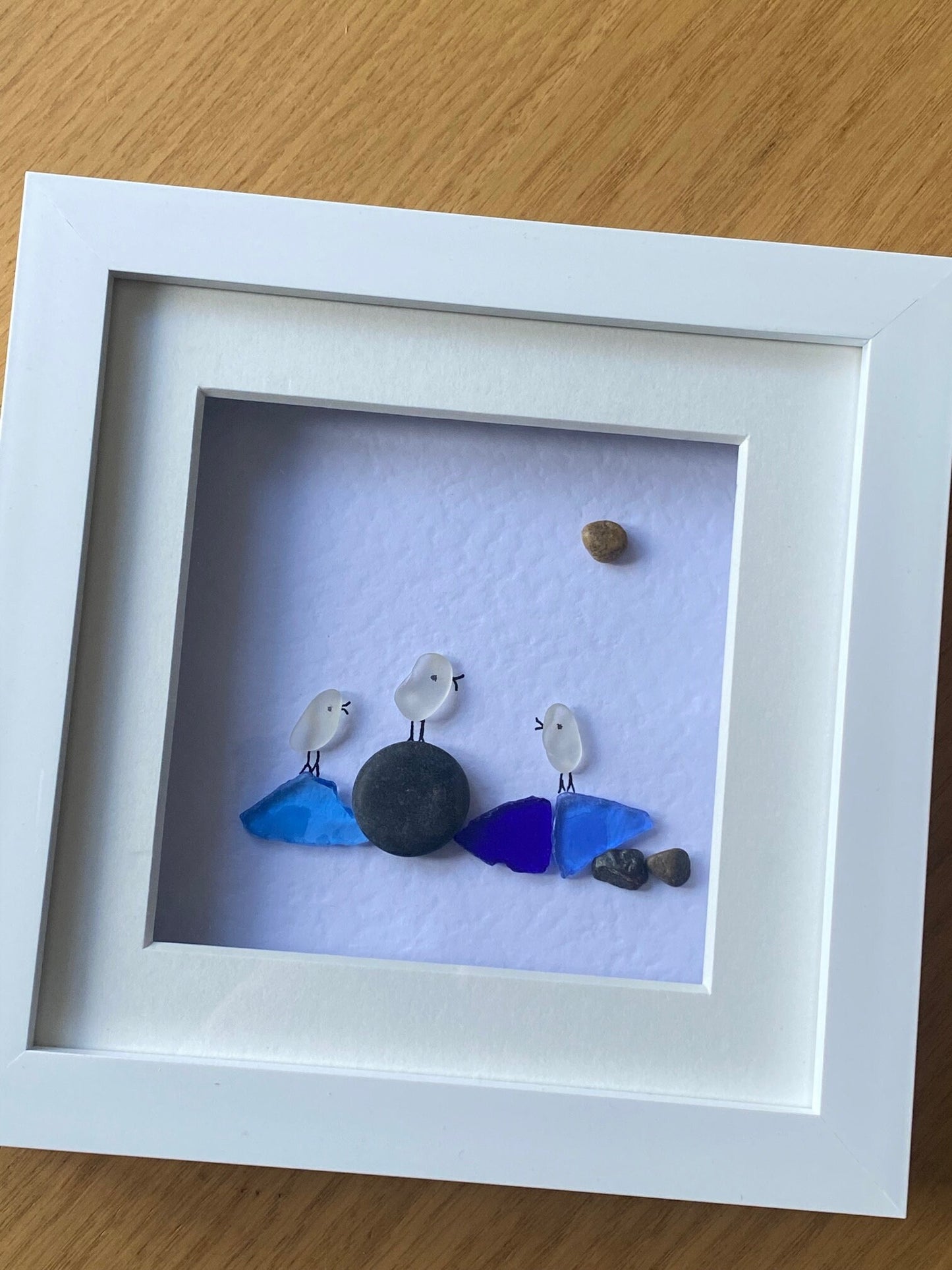 Sea Glass Birds on Rocks, Personalised Sea Glass Birds Picture, Unique Sea Glass Birds Gift, Love Birds by the shore
