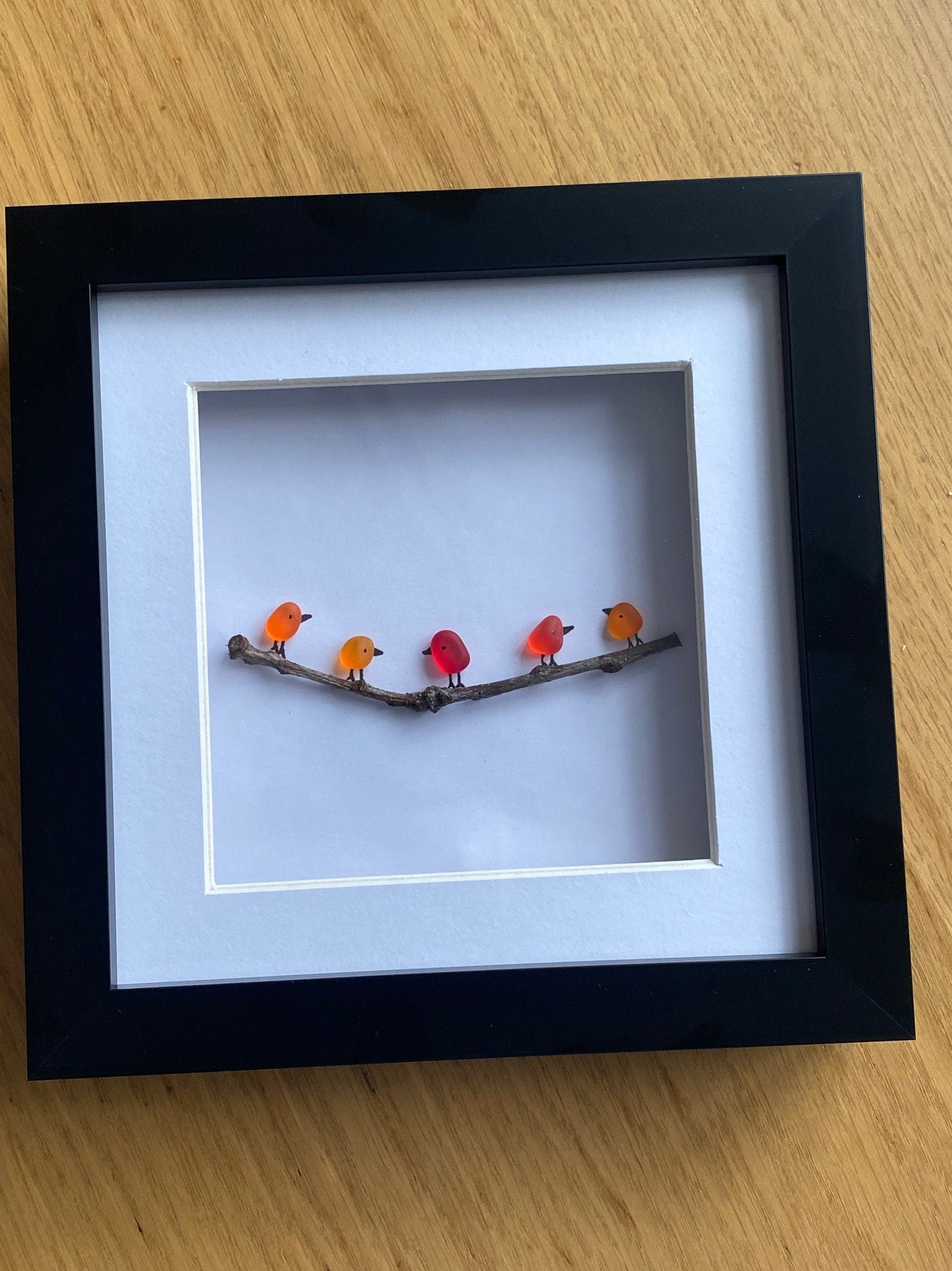Colourful Birds Sea Glass Picture, Birds Sitting on a Twig, Gift for Home, Unique Family of Birds Picture, Lined Birds on Tree Branch