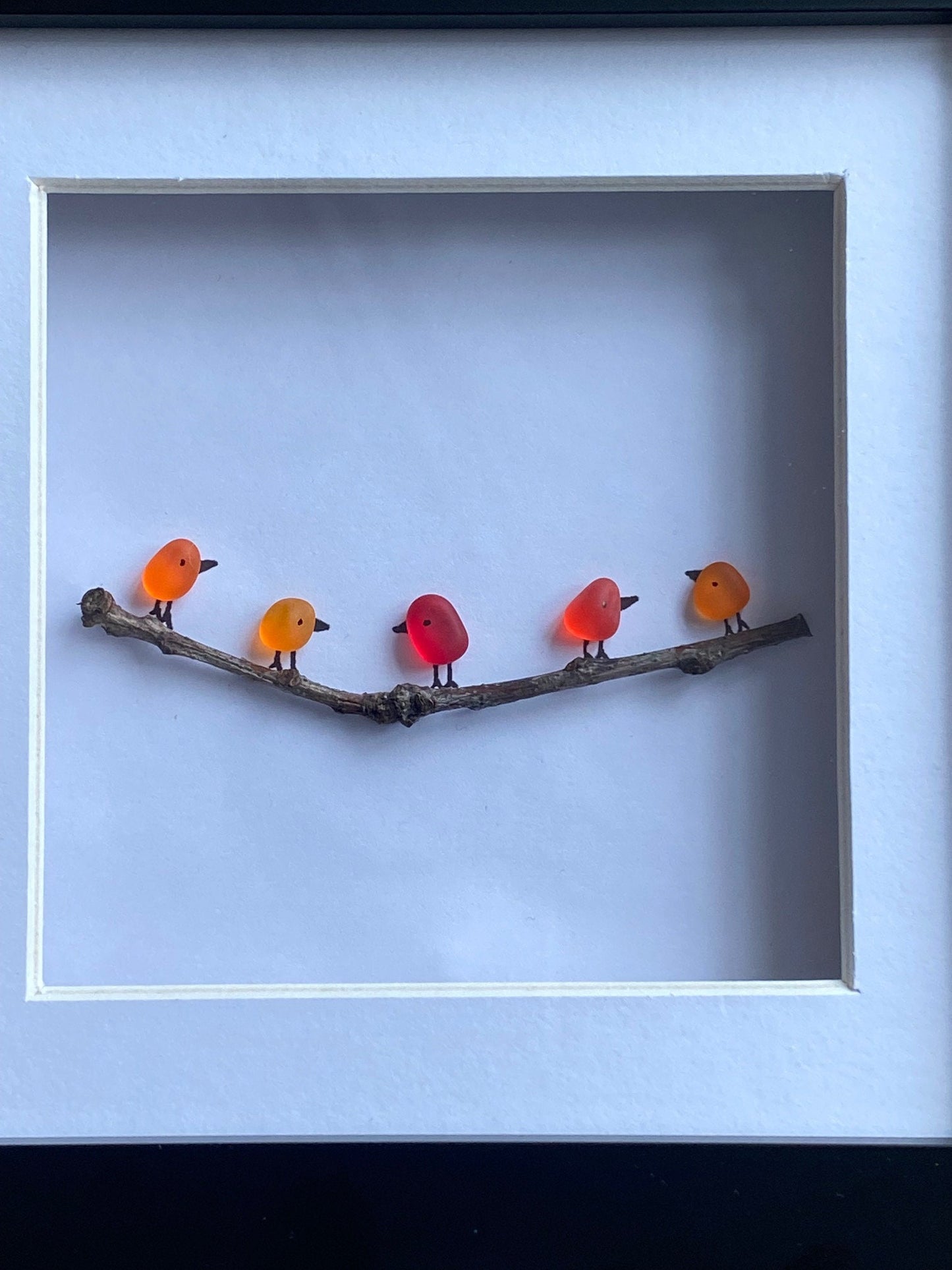 Colourful Birds Sea Glass Picture, Birds Sitting on a Twig, Gift for Home, Unique Family of Birds Picture, Lined Birds on Tree Branch