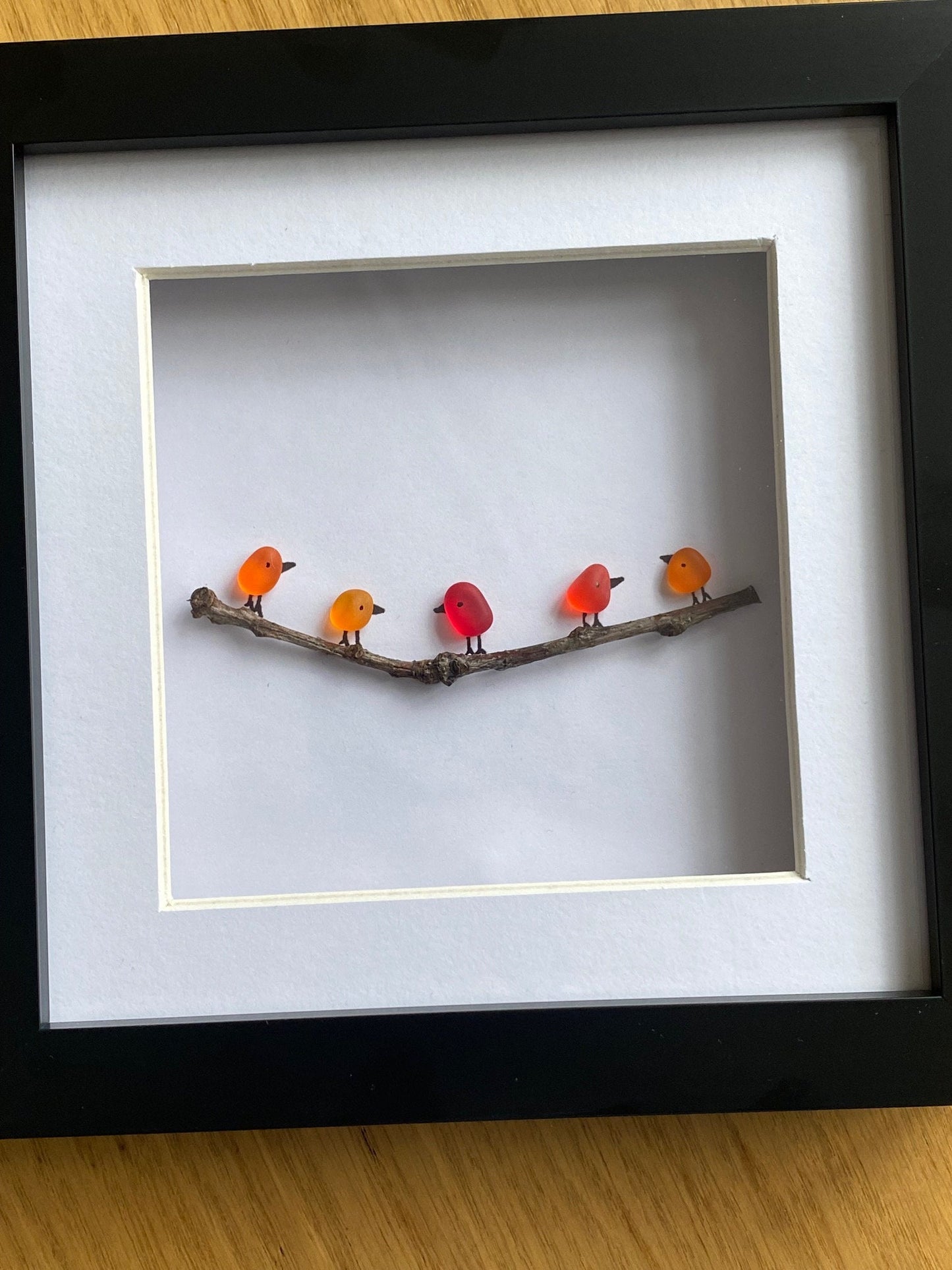 Colourful Birds Sea Glass Picture, Birds Sitting on a Twig, Gift for Home, Unique Family of Birds Picture, Lined Birds on Tree Branch