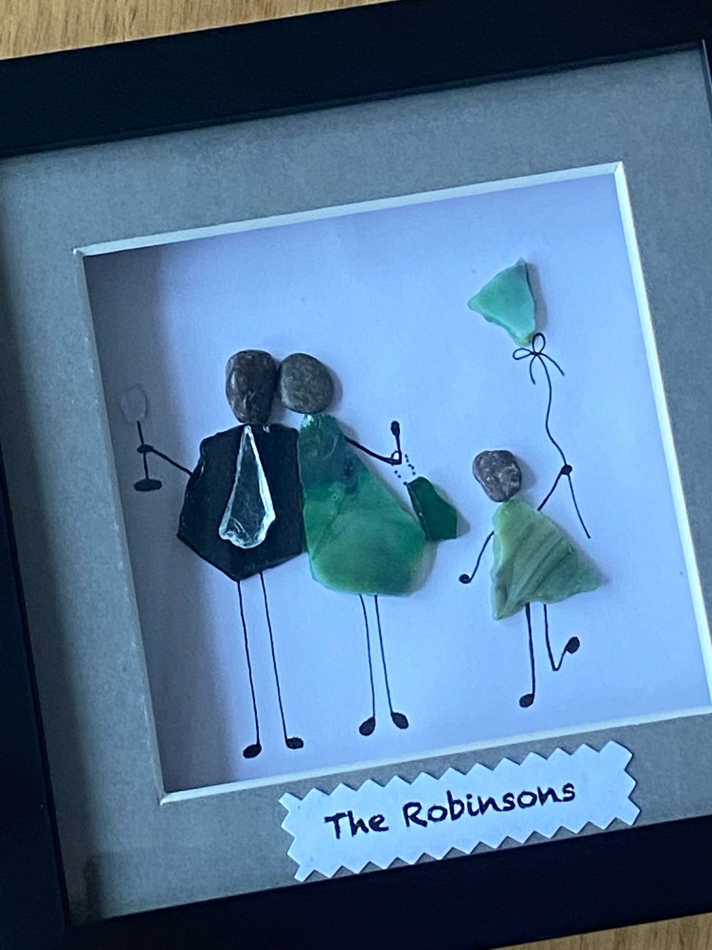 Personalised Family Pebble Picture, Handmade Family of Three Gift, Pebble and Glass Family Gift, Mosaic Family Frame, Pebble Artwork
