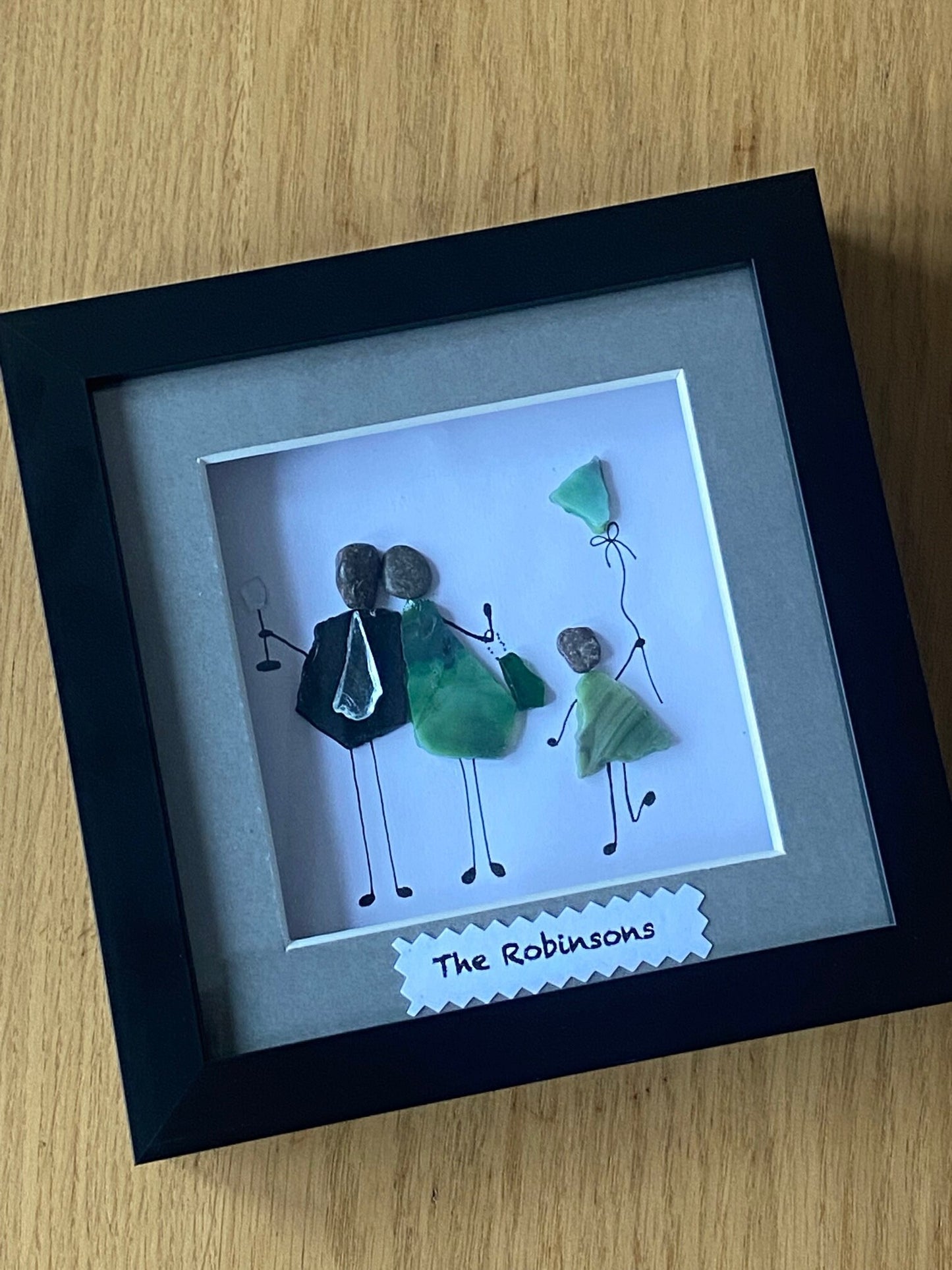 Personalised Family Pebble Picture, Handmade Family of Three Gift, Pebble and Glass Family Gift, Mosaic Family Frame, Pebble Artwork