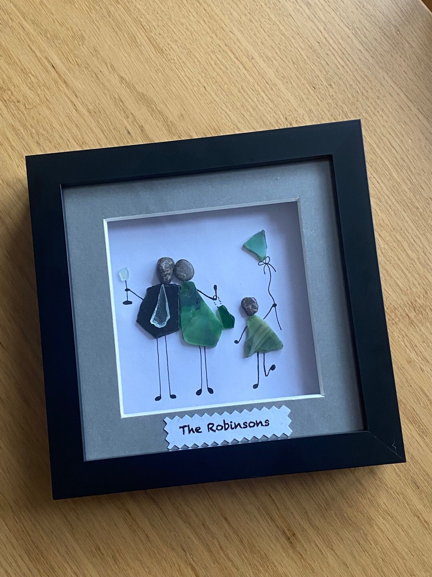 Personalised Family Pebble Picture, Handmade Family of Three Gift, Pebble and Glass Family Gift, Mosaic Family Frame, Pebble Artwork