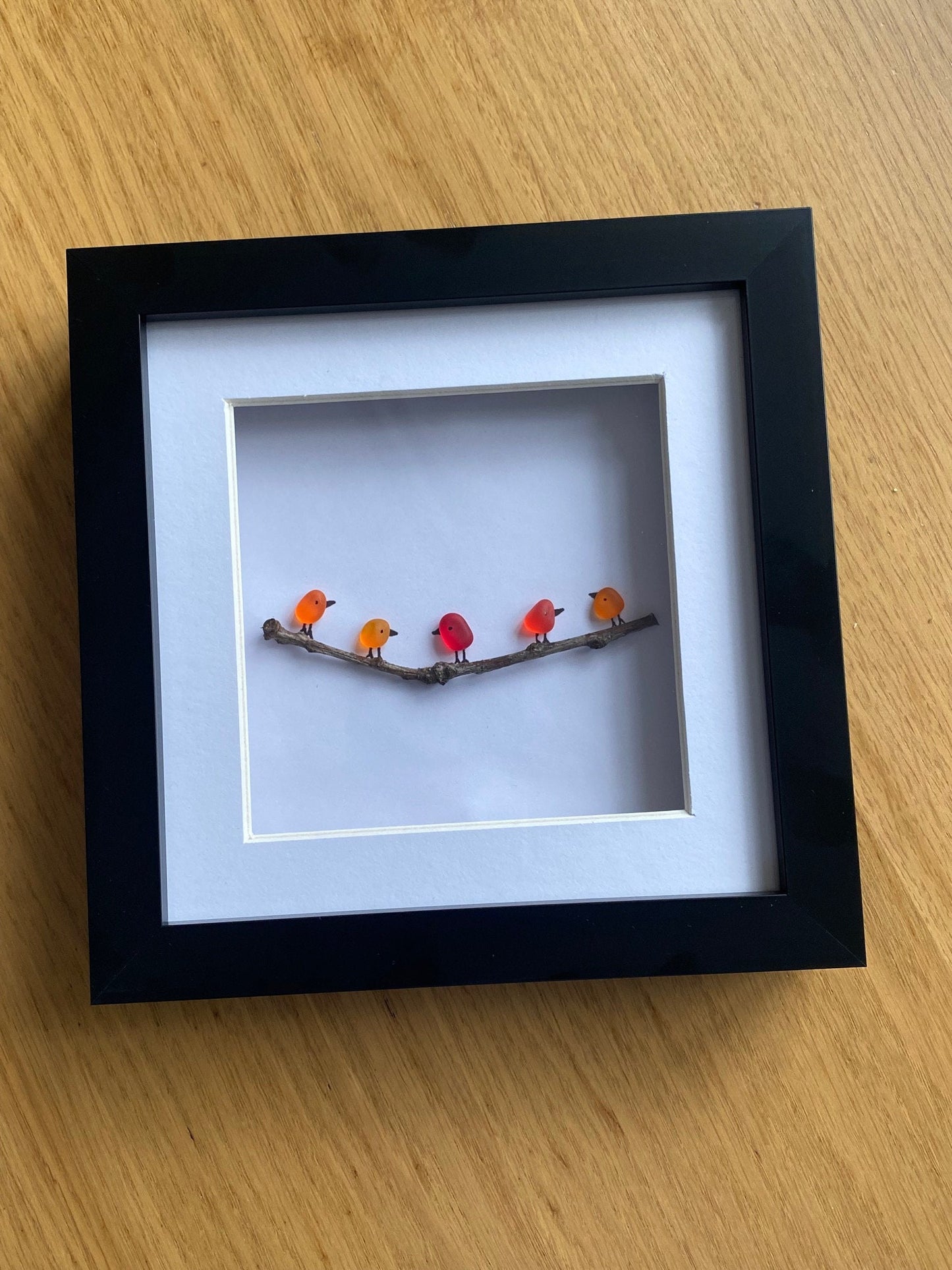 Colourful Birds Sea Glass Picture, Birds Sitting on a Twig, Gift for Home, Unique Family of Birds Picture, Lined Birds on Tree Branch