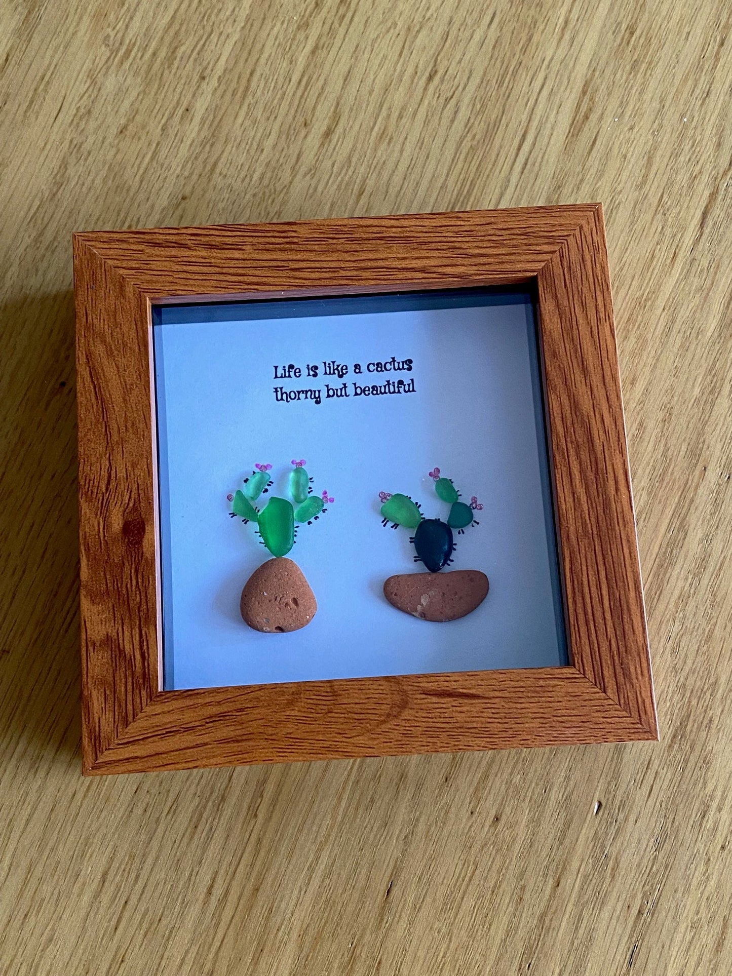 Cacti Pebble and Sea Glass Picture, Picture with Cactus, Unique Gift for a friend, Sea Glass Picture, Gift for Mum, Gift for Grandma