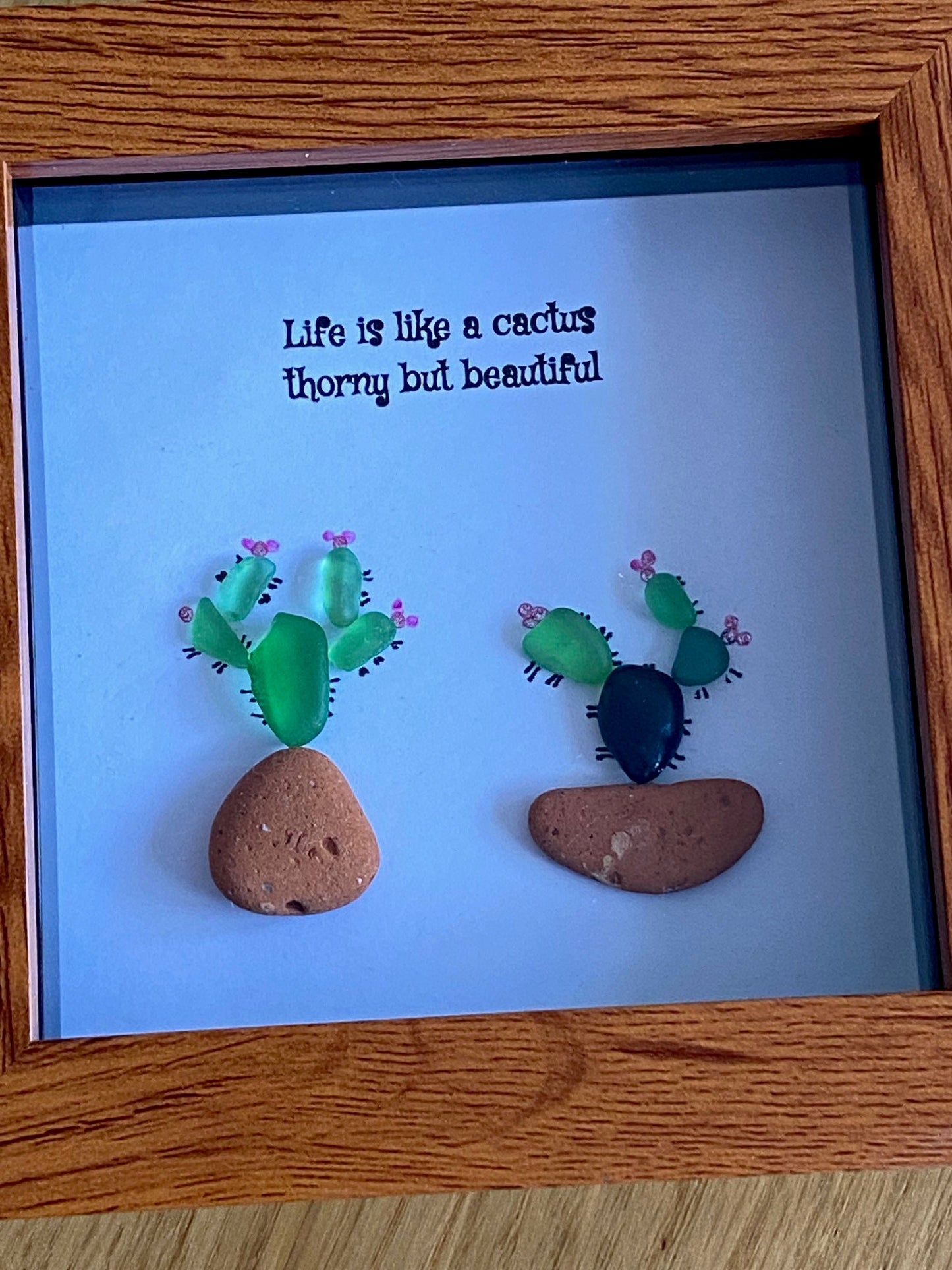 Cacti Pebble and Sea Glass Picture, Picture with Cactus, Unique Gift for a friend, Sea Glass Picture, Gift for Mum, Gift for Grandma