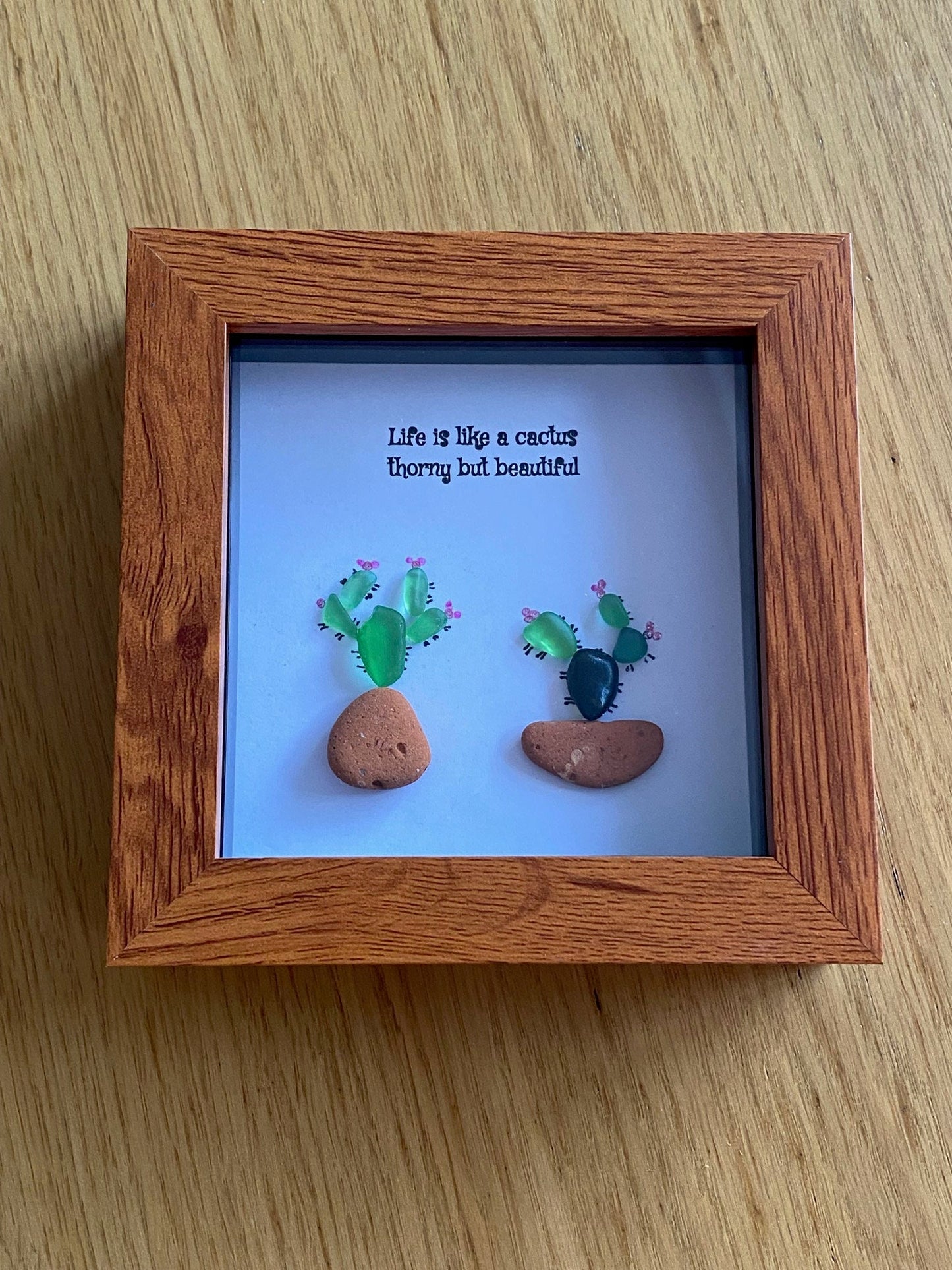 Cacti Pebble and Sea Glass Picture, Picture with Cactus, Unique Gift for a friend, Sea Glass Picture, Gift for Mum, Gift for Grandma