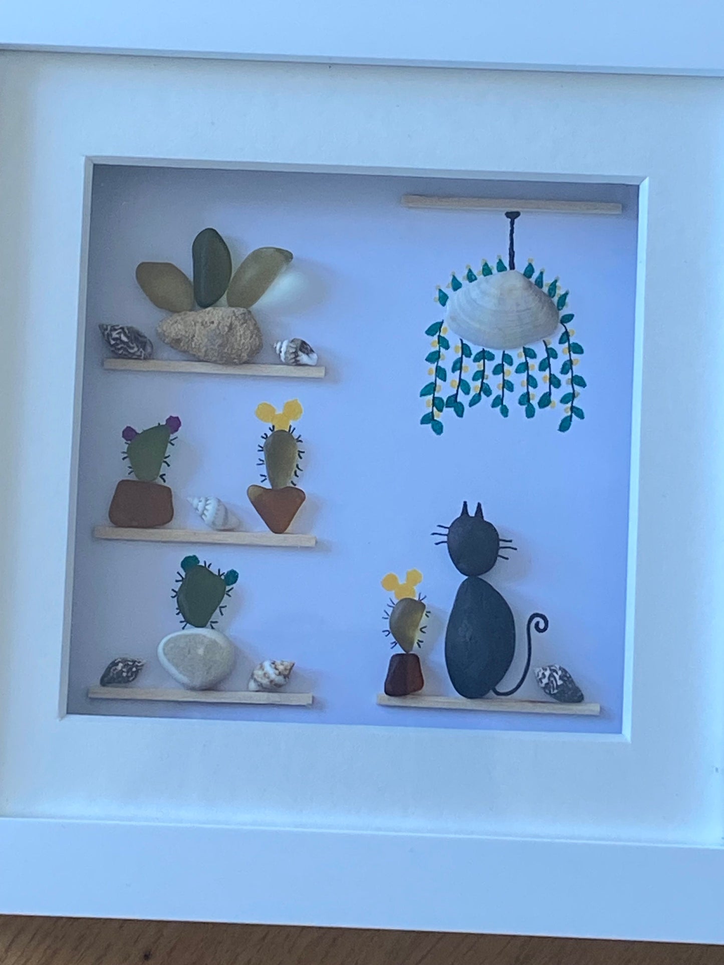 Cacti Pebble and Sea Glass Picture, Unique Gift with Cactus, Pictures with Cactus, Cacti and Cats Artwork, Sea Glass Artwork