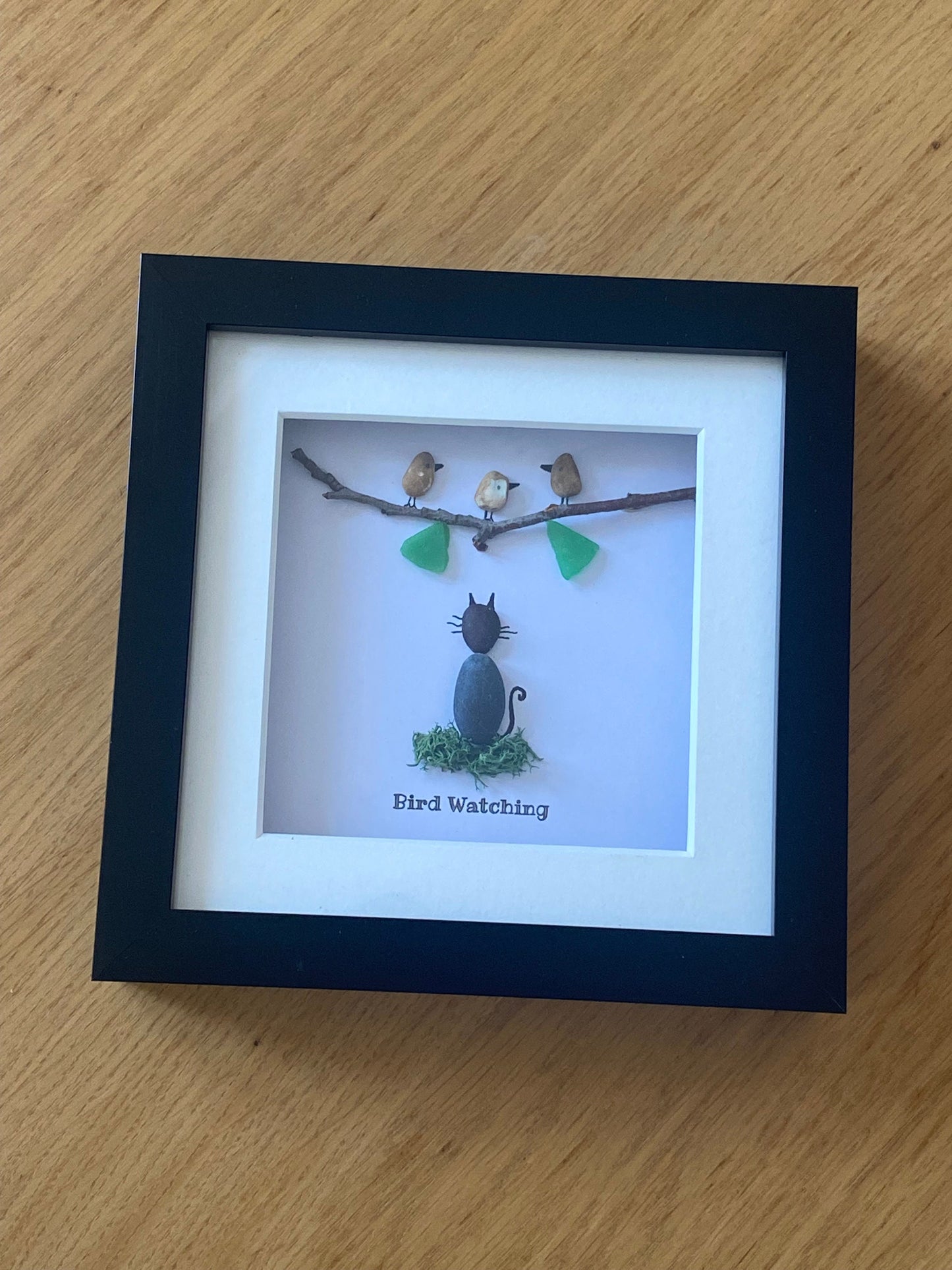 Bird Watching Pebble Picture, Cat Memorial Gift, Cat Bereavement Picture, Pebble Artwork with Bird and Cats, Unique Gift for Cat Lover